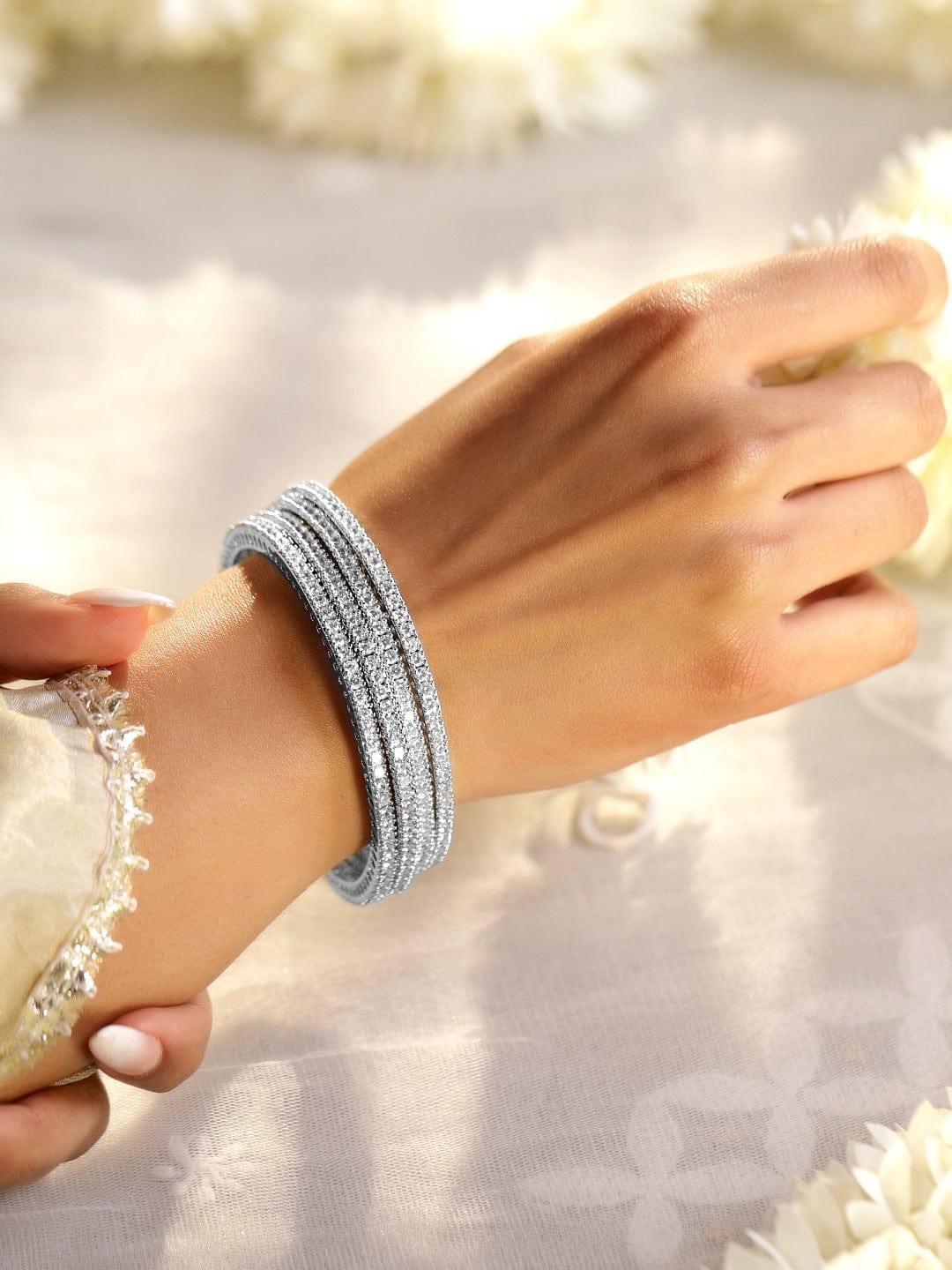 Rubans Set of 4 Rhodium-Plated Cubic Zirconia Studded Premium Handcrafted Bangles 2.8 - Large