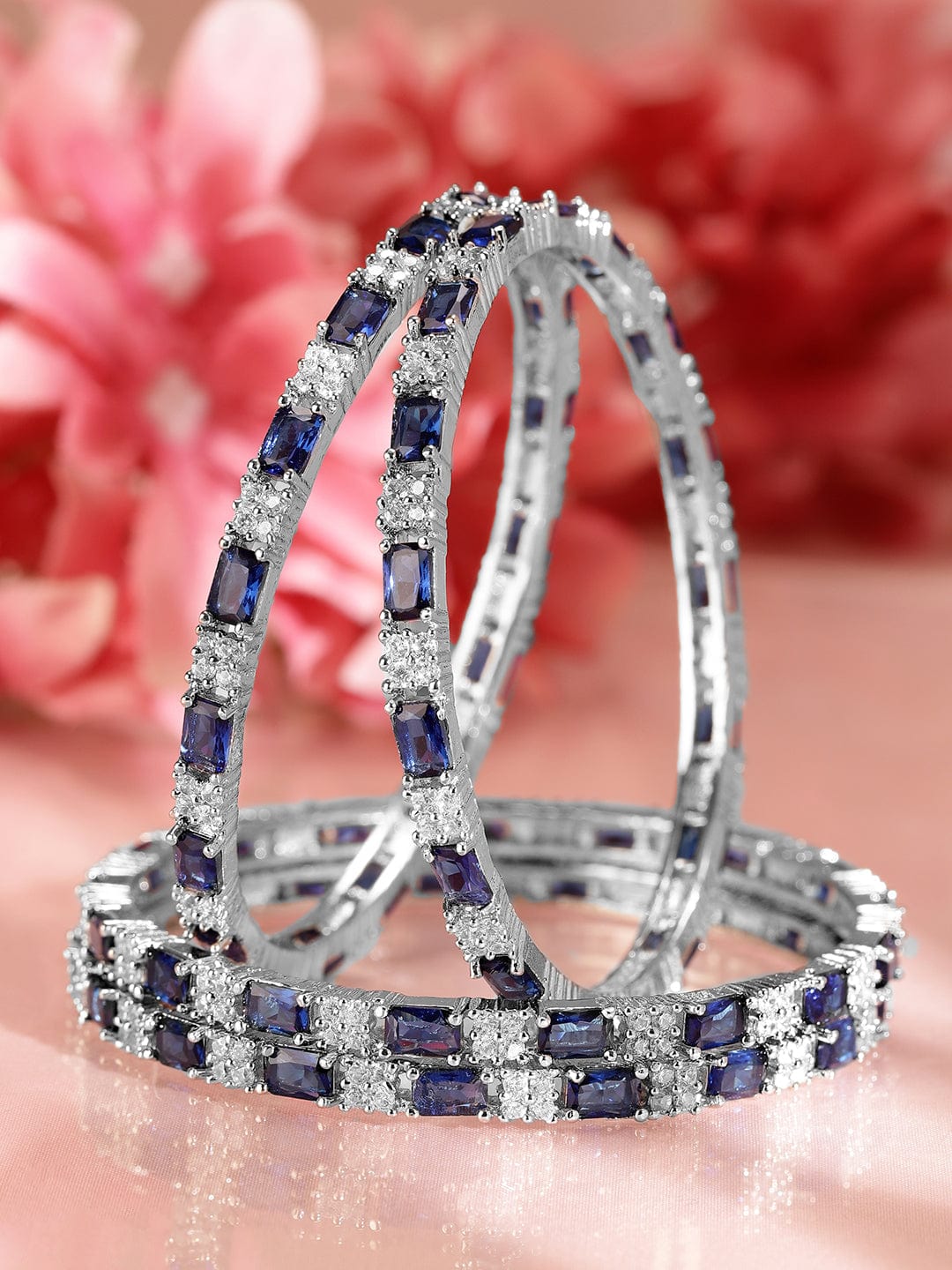 Rubans Set of 4 Rhodium-Plated Blue Sapphire & Cubic Zirconia Studded Premium Bangles 2.4 - Small