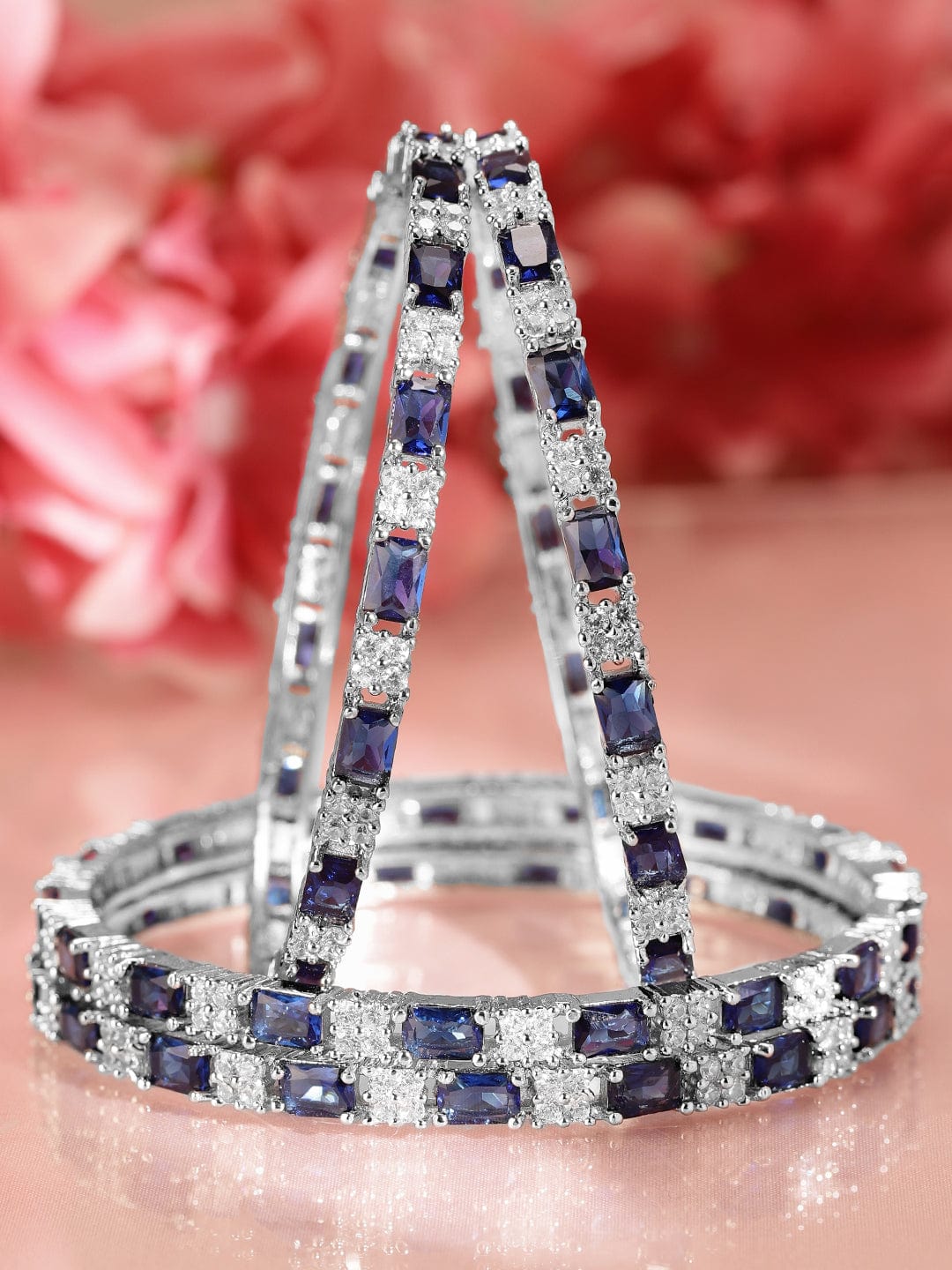 Rubans Set of 4 Rhodium-Plated Blue Sapphire & Cubic Zirconia Studded Premium Bangles 2.4 - Small