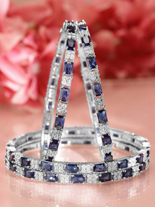 Rubans Set of 4 Rhodium-Plated Blue Sapphire & Cubic Zirconia Studded Premium Bangles 2.4 - Small