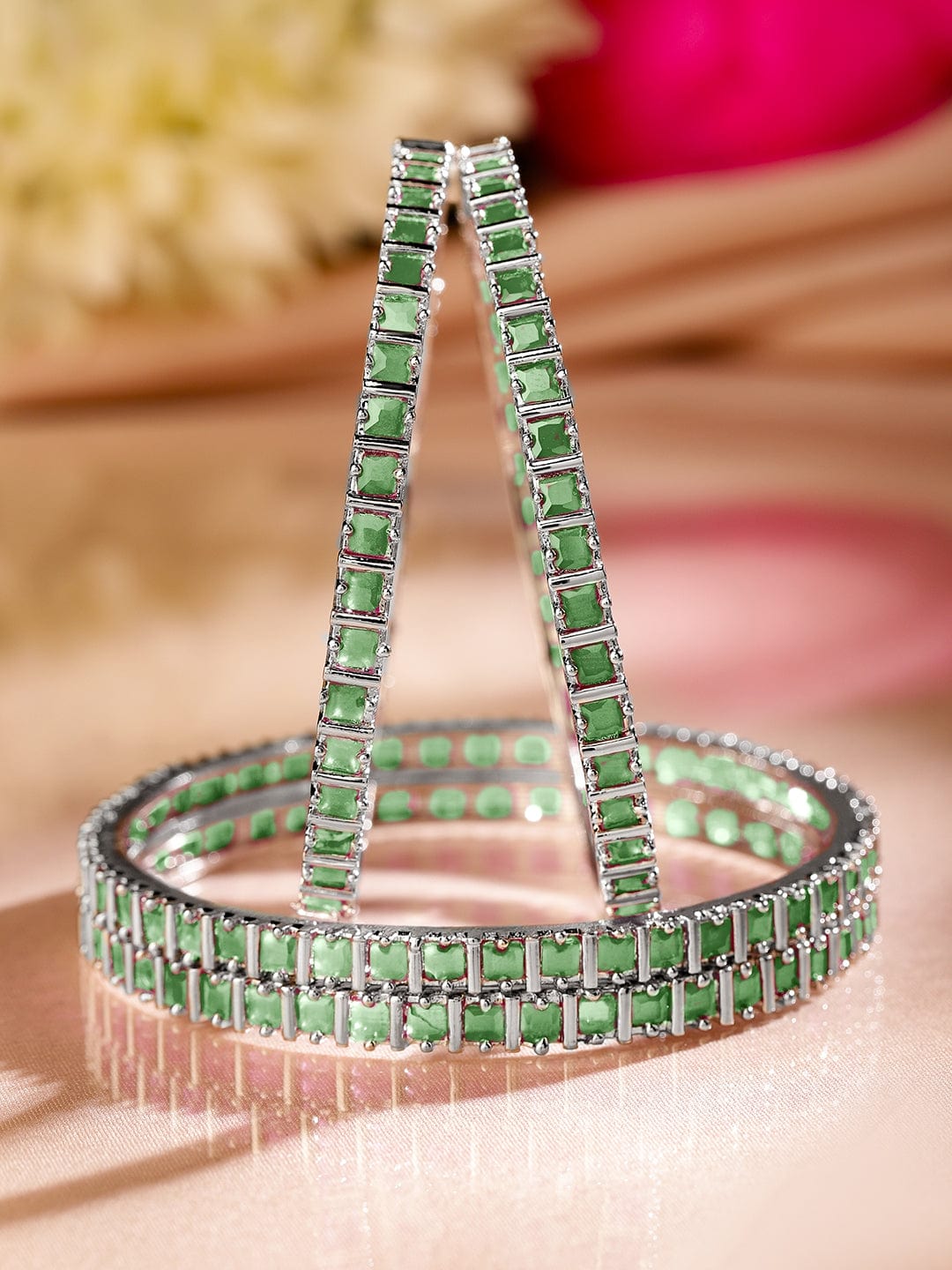 Rubans Set of 4 Rhodium Plated Emerald Green Square-Cut Cubic Zirconia Studded Bangles 2.4 - Small