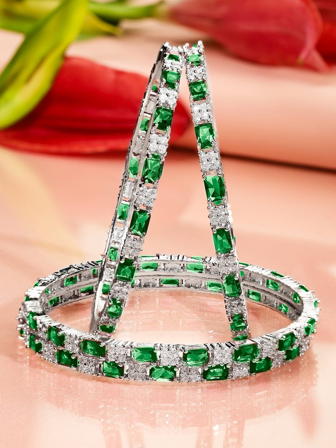 Rubans Set of 4 Rhodium-Plated Emerald Green & White Cubic Zirconia Studded Bangles 2.4 - Small