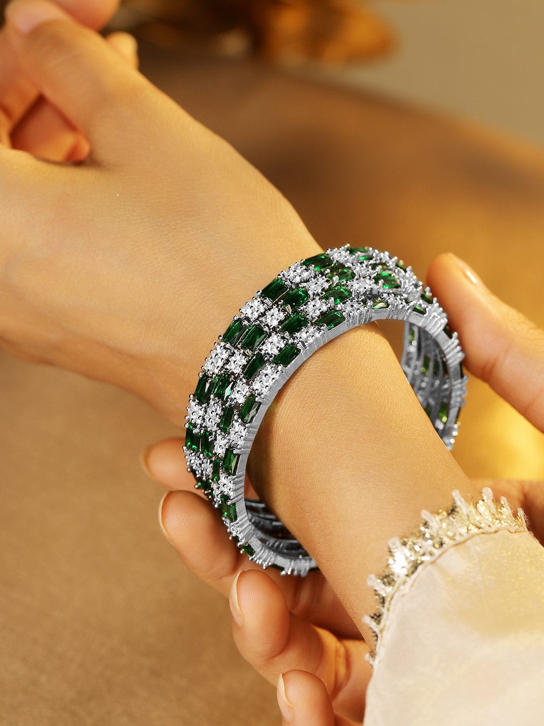 Rubans Set of 4 Rhodium-Plated Emerald Green & White Cubic Zirconia Studded Bangles 2.4 - Small