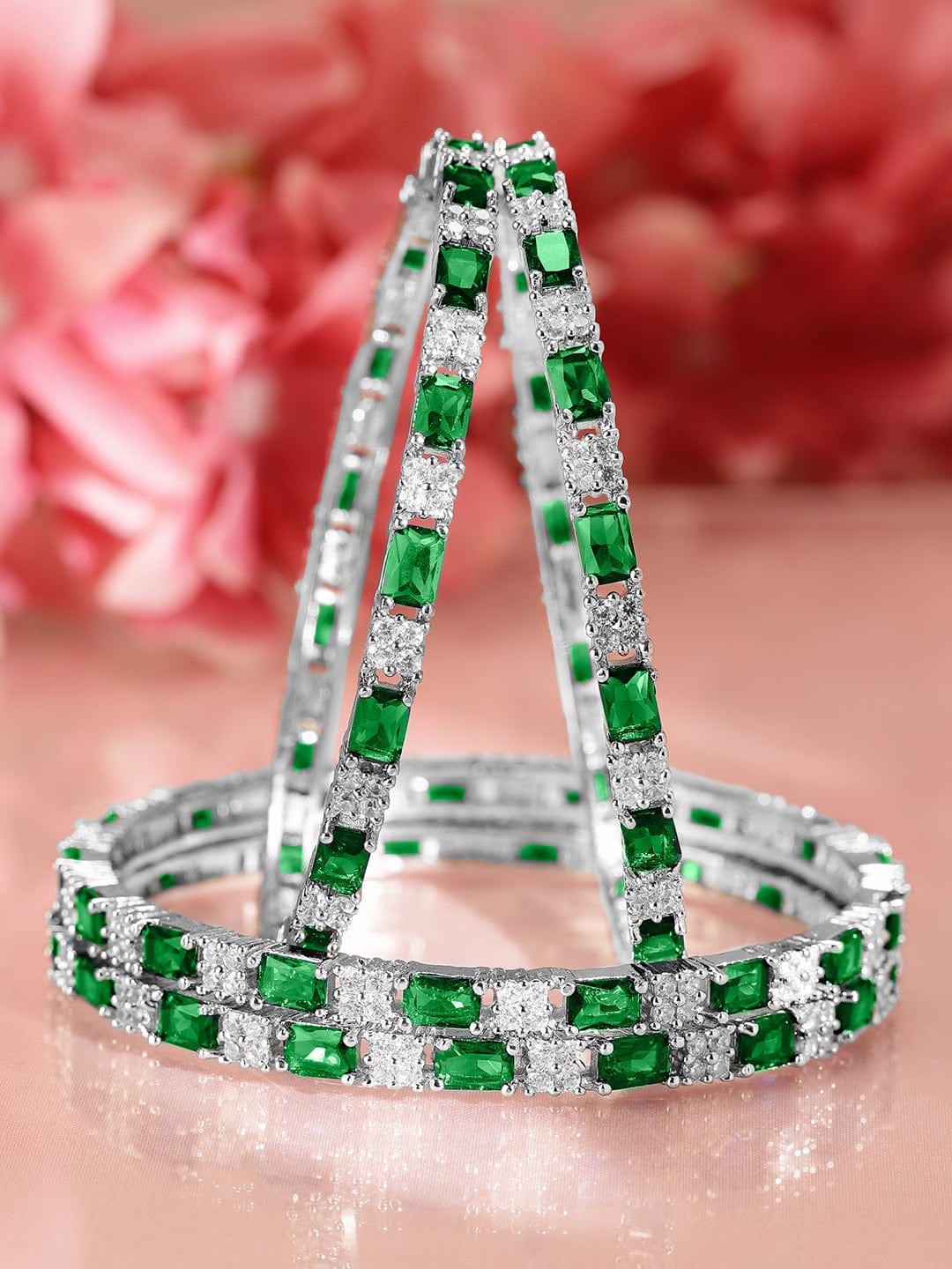 Rubans Set of 4 Rhodium-Plated Emerald Green & White Cubic Zirconia Studded Bangles 2.4 - Small