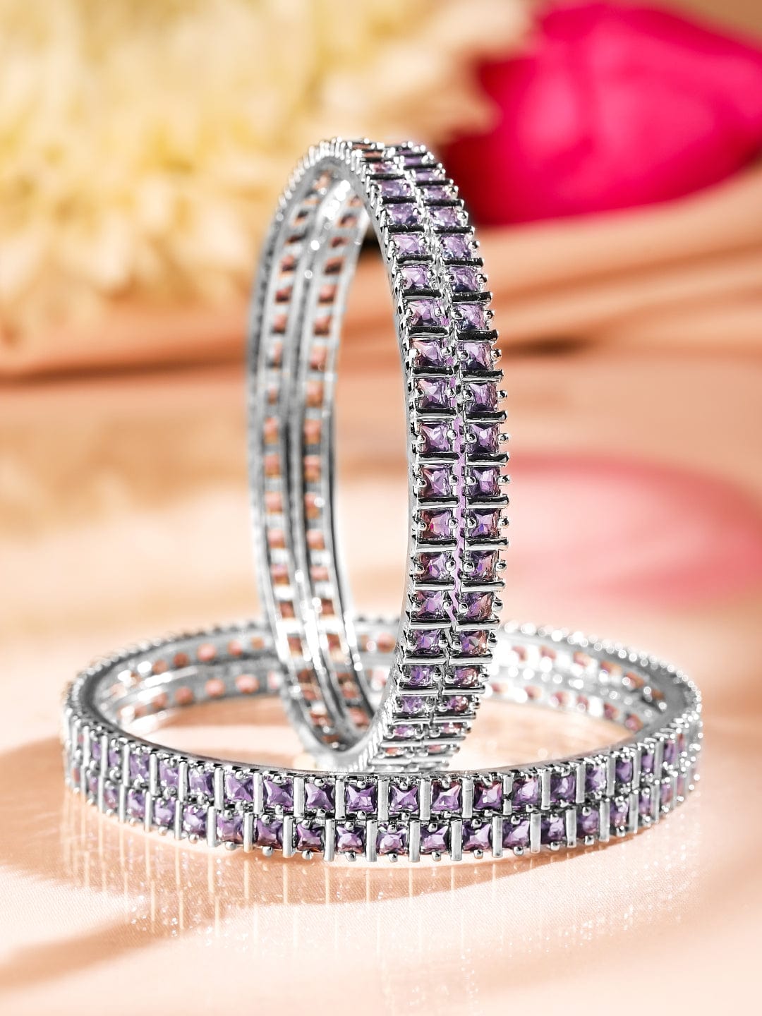 Rubans Set of 4 Rhodium-Plated Lavender Cubic Zirconia Studded Handcrafted Premium Bangles 2.8 - Large