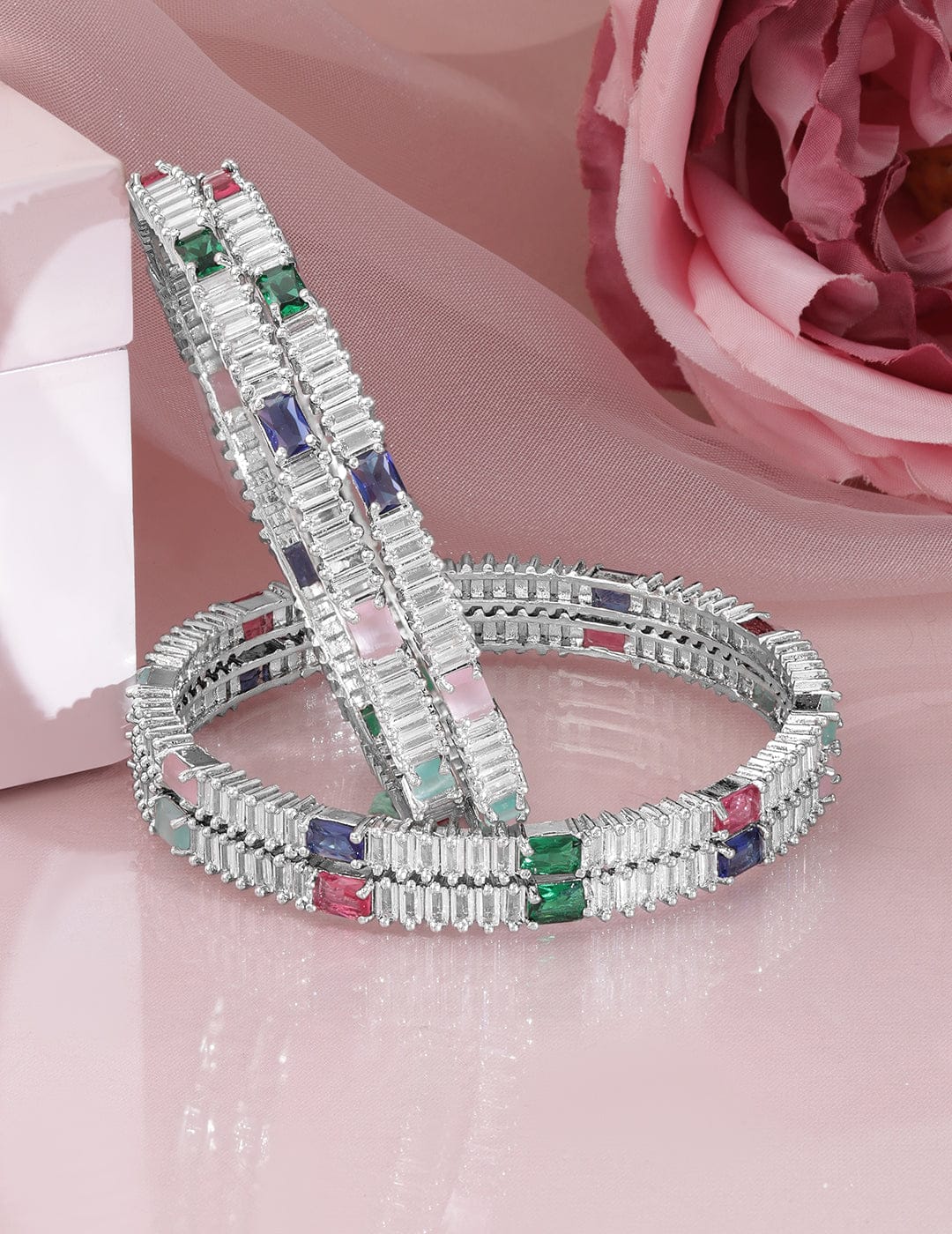 Rubans Set of 4 Rhodium-Plated Multicolor AD and Cubic Zirconia Studded Premium Bangles 2.6 - Medium