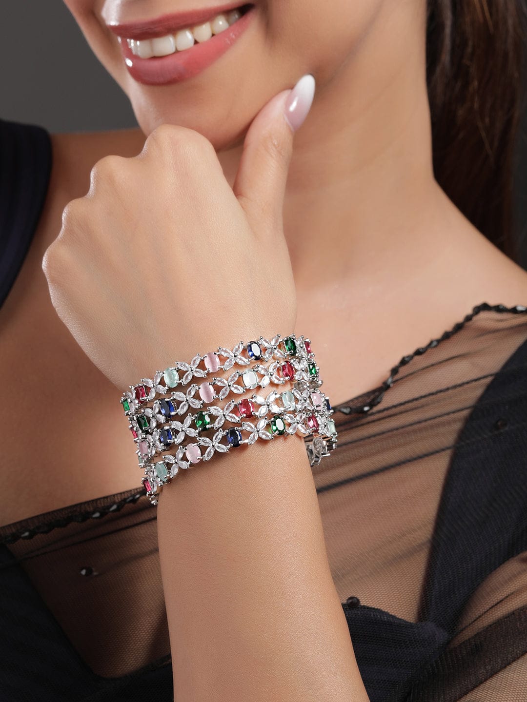 Rubans Set of 4 Rhodium-Plated Multicolor AD & CubicZirconia Studded Floral Design Bangles 2.4 - Small