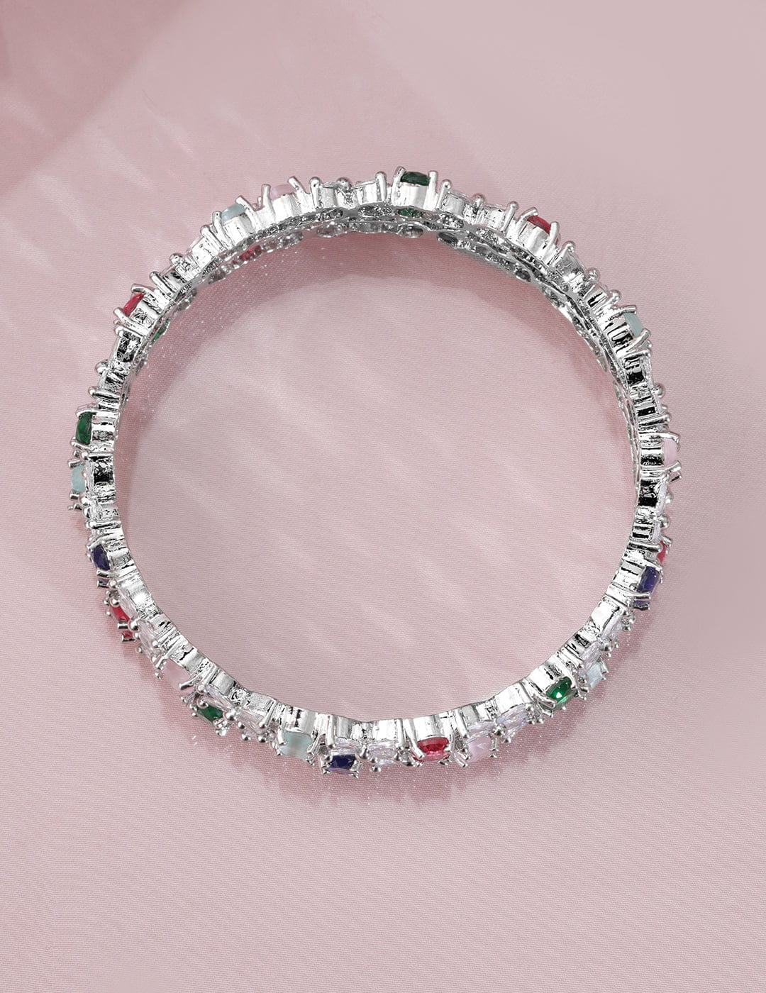 Rubans Set of 4 Rhodium-Plated Multicolor AD & CubicZirconia Studded Floral Design Bangles 2.4 - Small