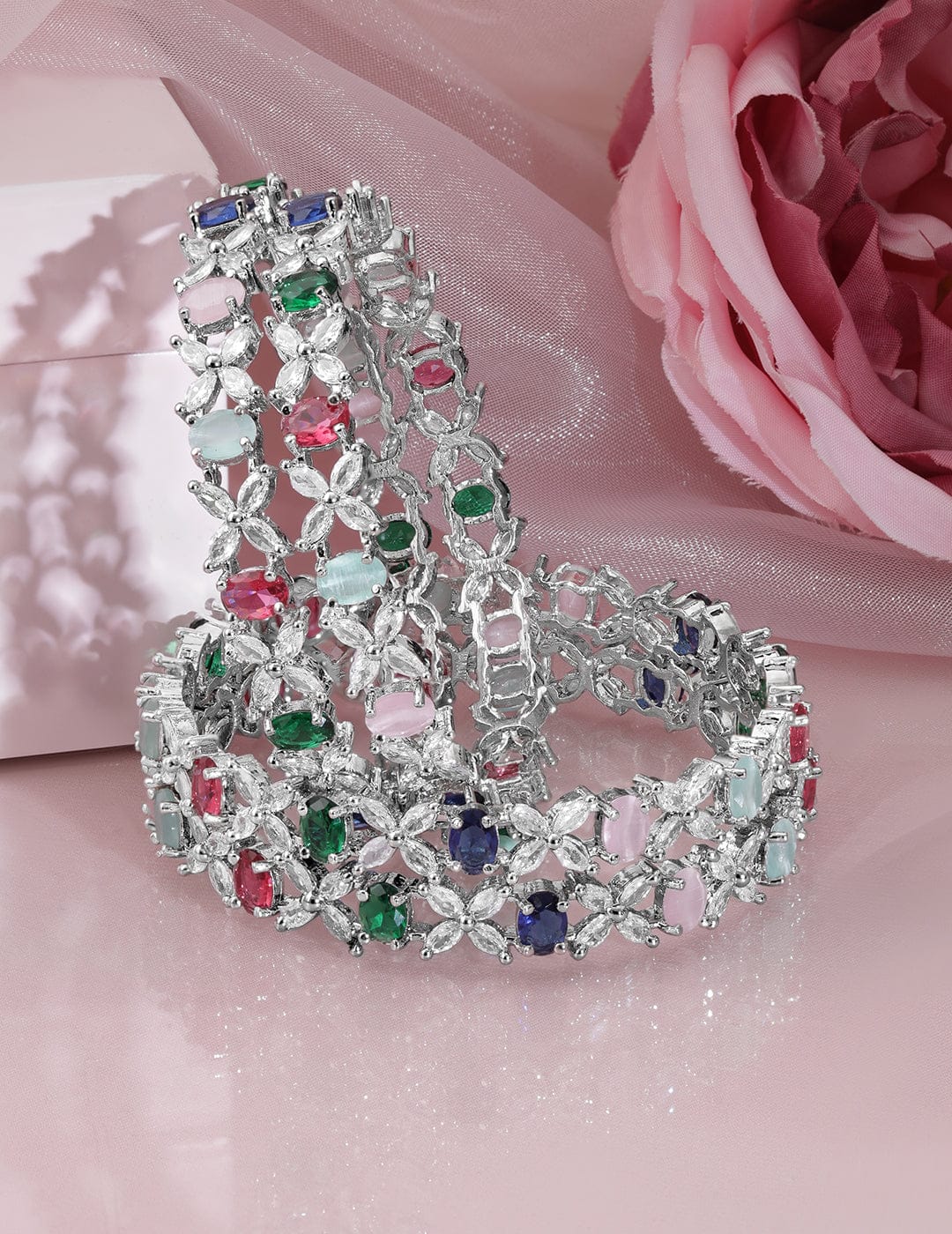 Rubans Set of 4 Rhodium-Plated Multicolor AD & CubicZirconia Studded Floral Design Bangles 2.4 - Small