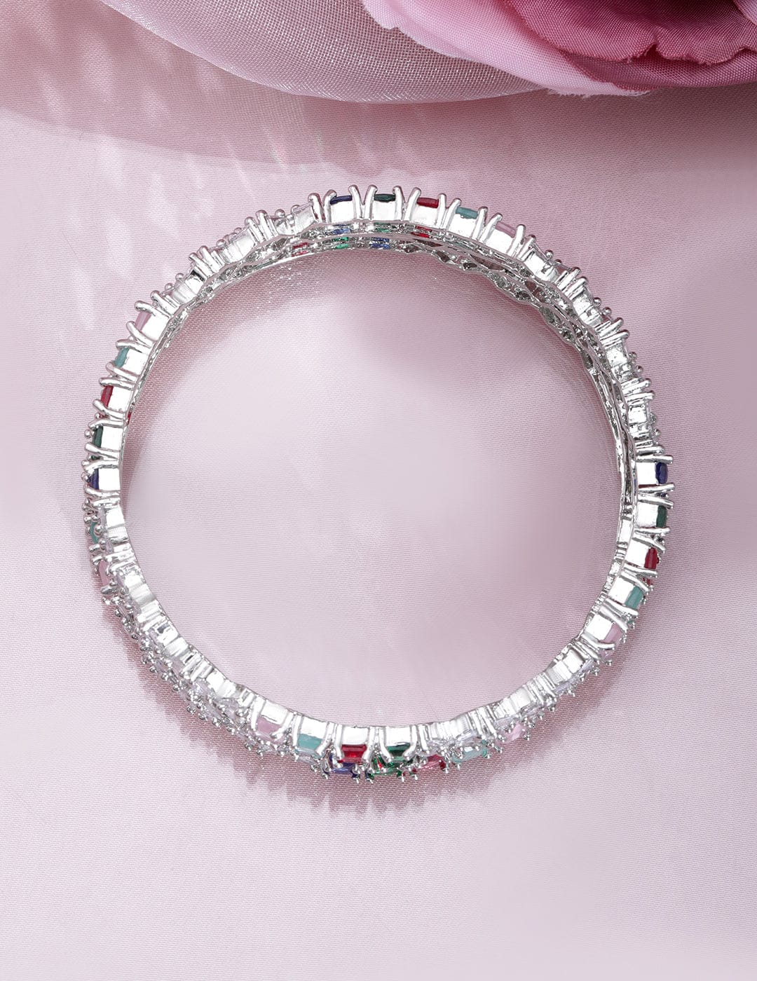 Rubans Set of 4 Rhodium-Plated Multicolor Stone & White Cubic Zirconia Studded Bangles Silver