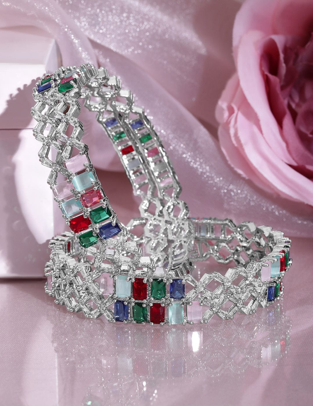 Rubans Set of 4 Rhodium-Plated Multicolor Stone & White Cubic Zirconia Studded Bangles Silver