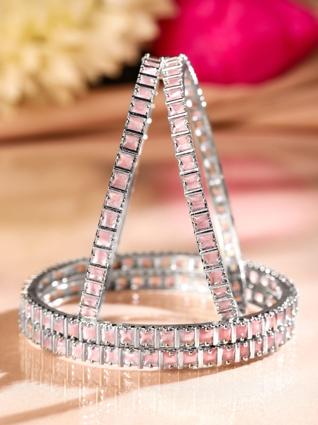 Rubans Set of 4 Rhodium-Plated Pastel Pink Cubic Zirconia Studded Handcrafted Premium Bangles for Women 2.4 - Small