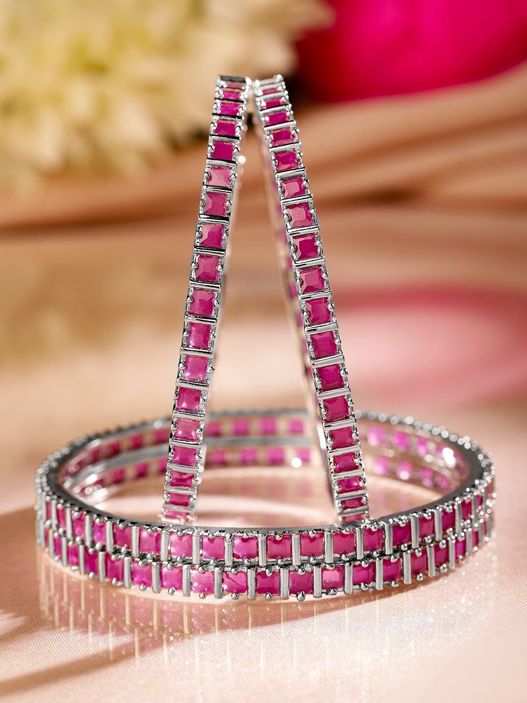Rubans Set of 4 Rhodium-Plated Ruby Pink Cubic Zirconia Studded Handcrafted Premium Bangles for Women 2.8 - Large