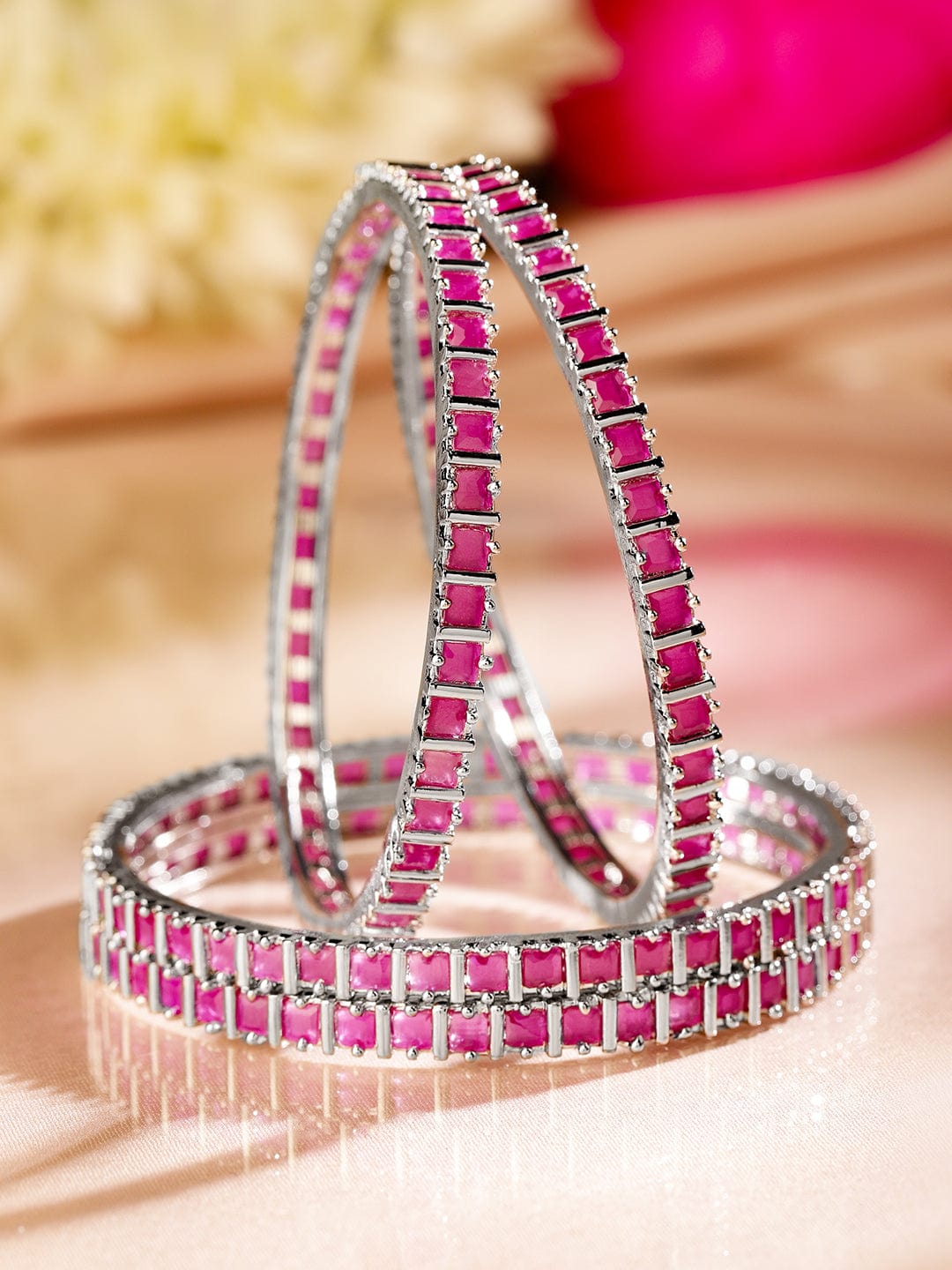 Rubans Set of 4 Rhodium-Plated Ruby Pink Cubic Zirconia Studded Handcrafted Premium Bangles for Women 2.4 - Small