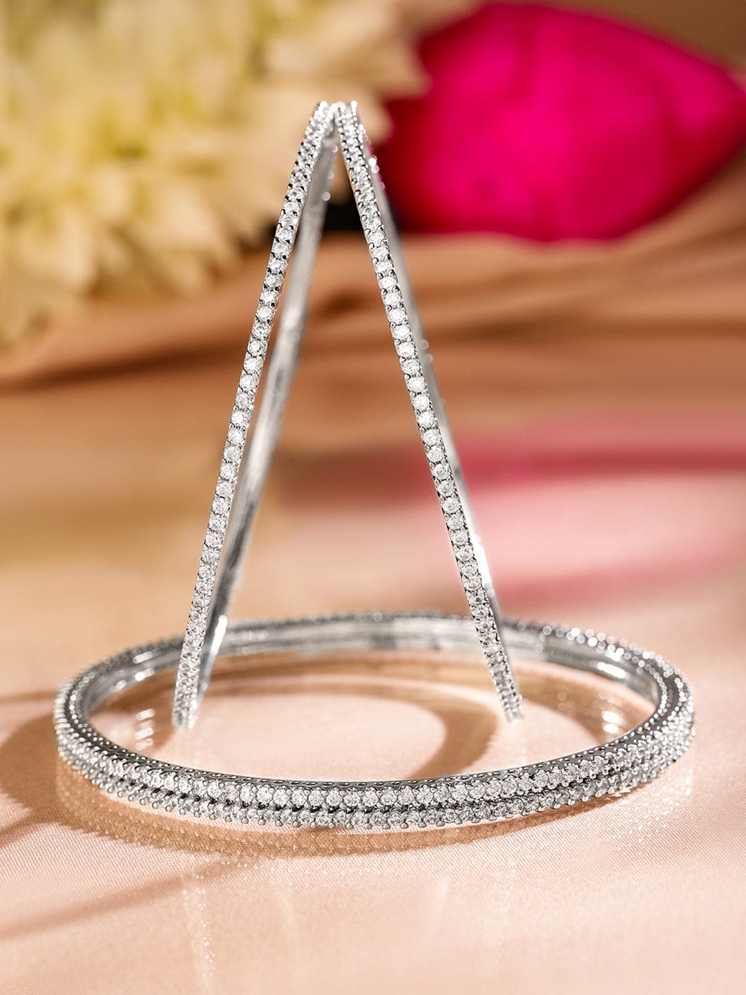Rubans Set of 4 Rhodium-Plated Sparkling White Cubic Zirconia Stones Handcrafted Premium Bangles 2.8 - Large