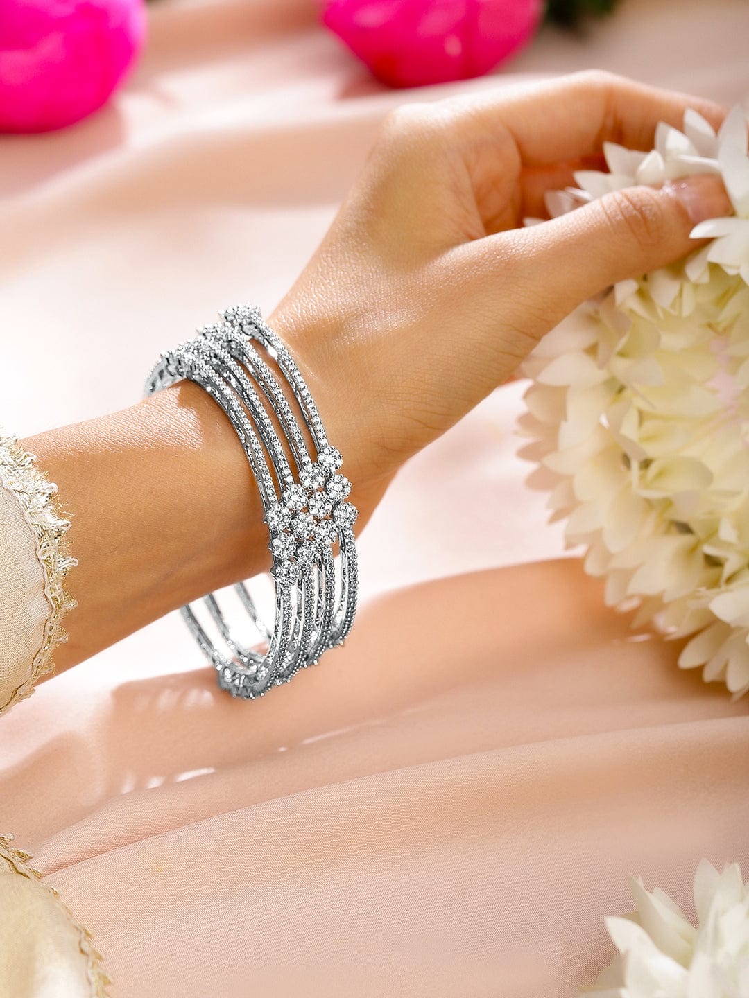 Rubans Set of 4 Rhodium-Plated White Cubic Zirconia Floral Design Handcrafted Premium Bangles for Women 2.8 - Large