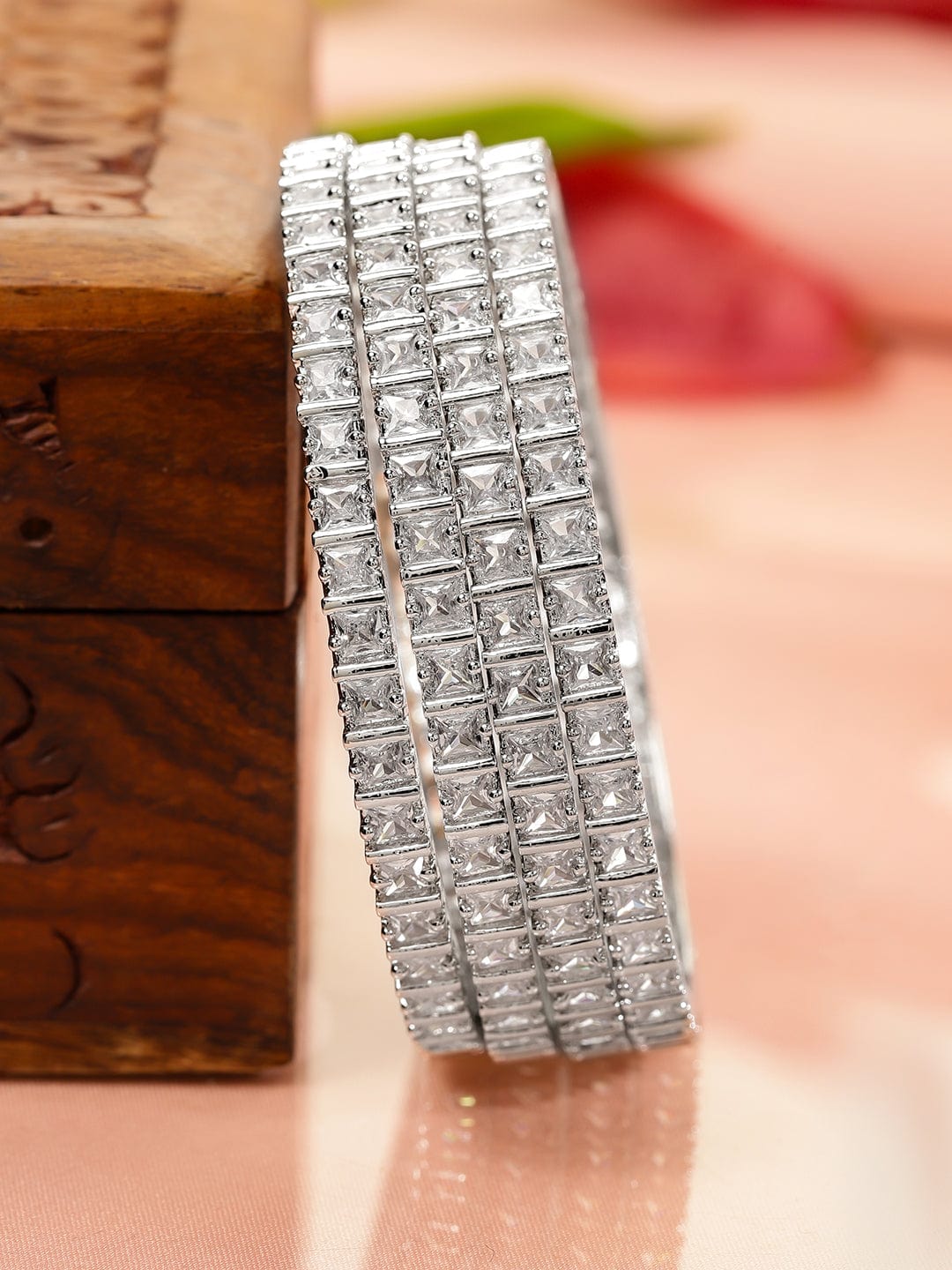 Set of 4 Silver-Toned Diamond Studded Bangles 2.8 - Large
