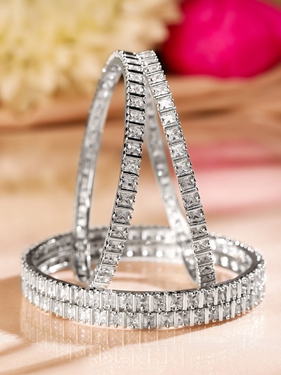Set of 4 Silver-Toned Diamond Studded Bangles 2.4 - Small