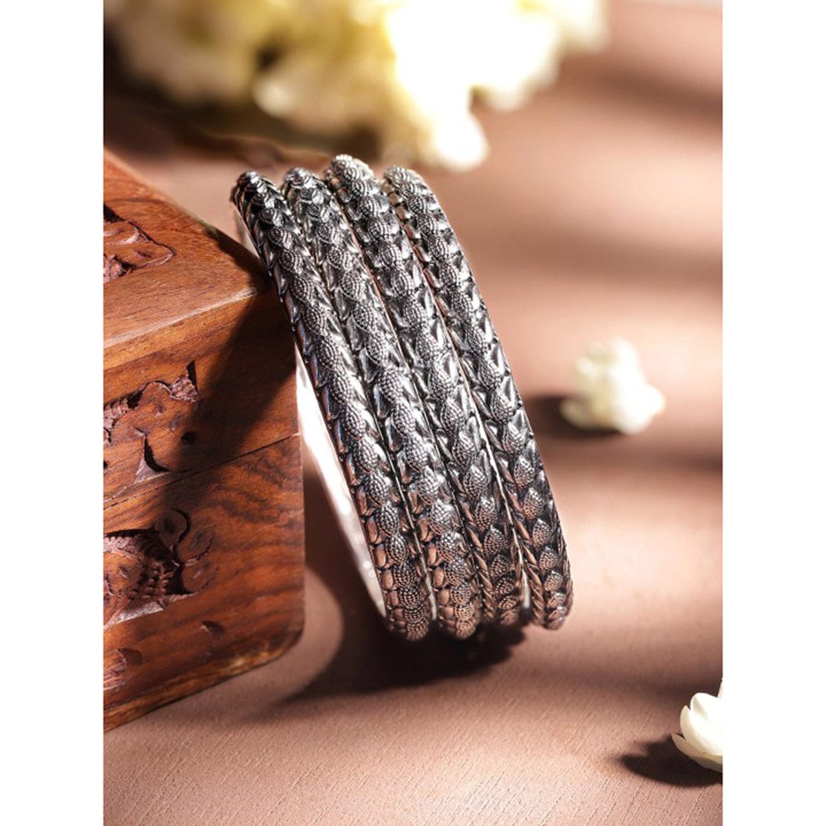 Rubans Set Of 4 Sliver-Plated Brass Artificial Stones-Studded Bangles 45810