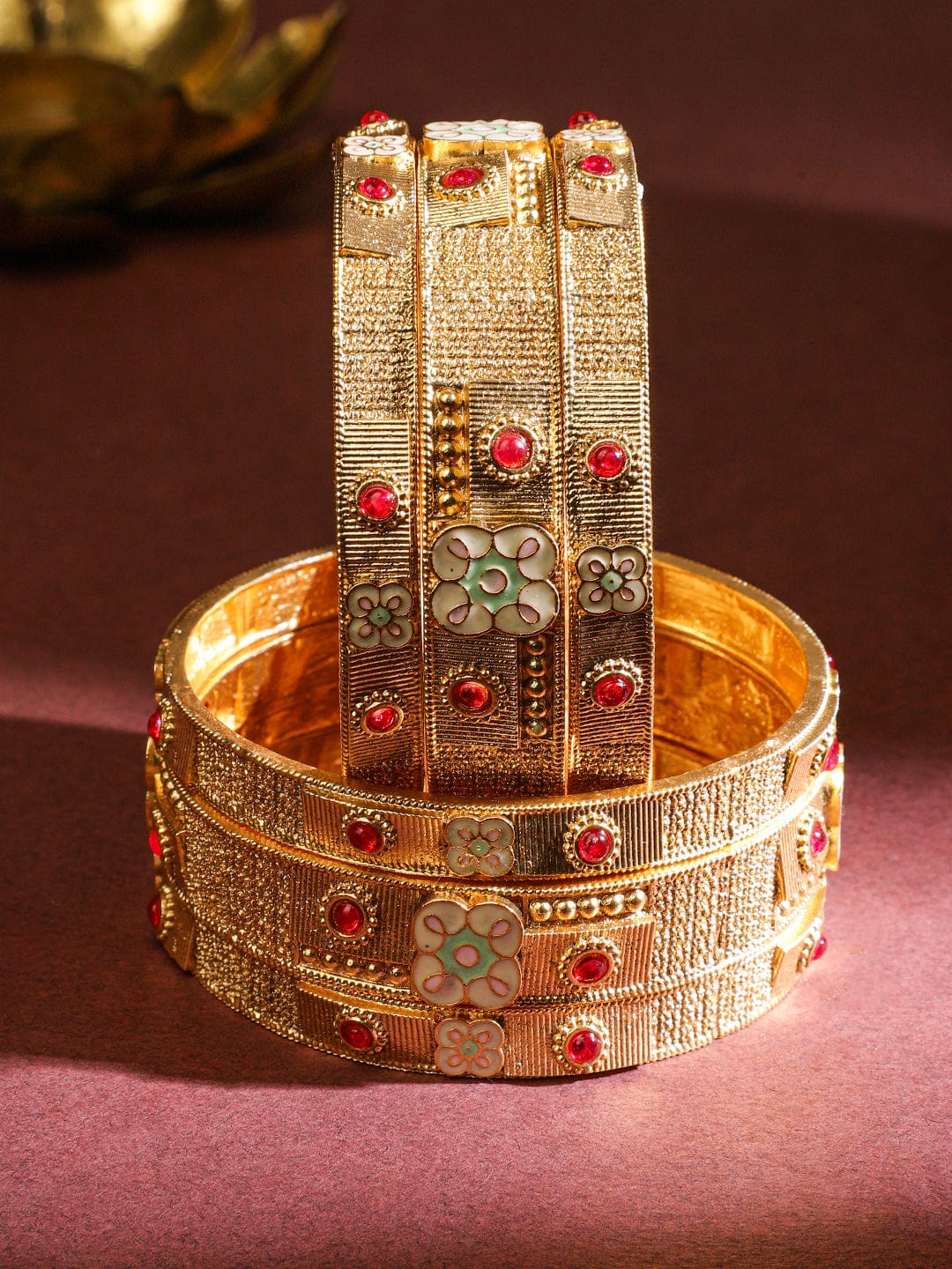 Gold Toned Pink Studded Bangles Set Of 6 2.6 - Medium