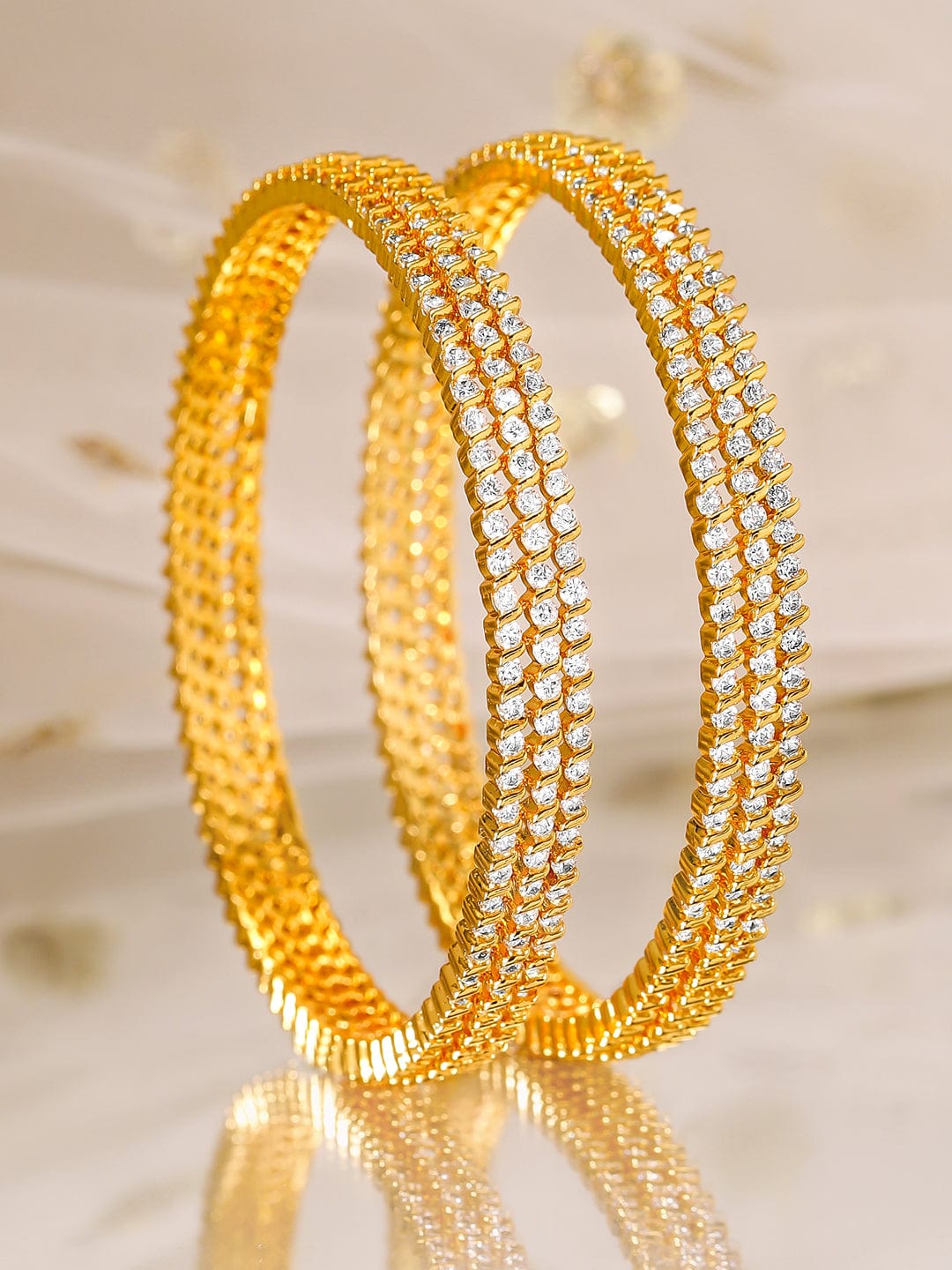Rubans Set of 6, 22K Gold-Plated Cubic Zirconia Studded Handcrafted Premium Bangles 2.4 - Small