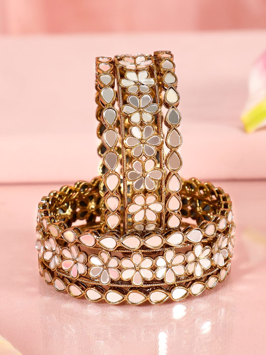 Rubans Set of 6 22K Gold-Plated Mirror Studded Handcrafted Traditional Bangles 2.8 - Large
