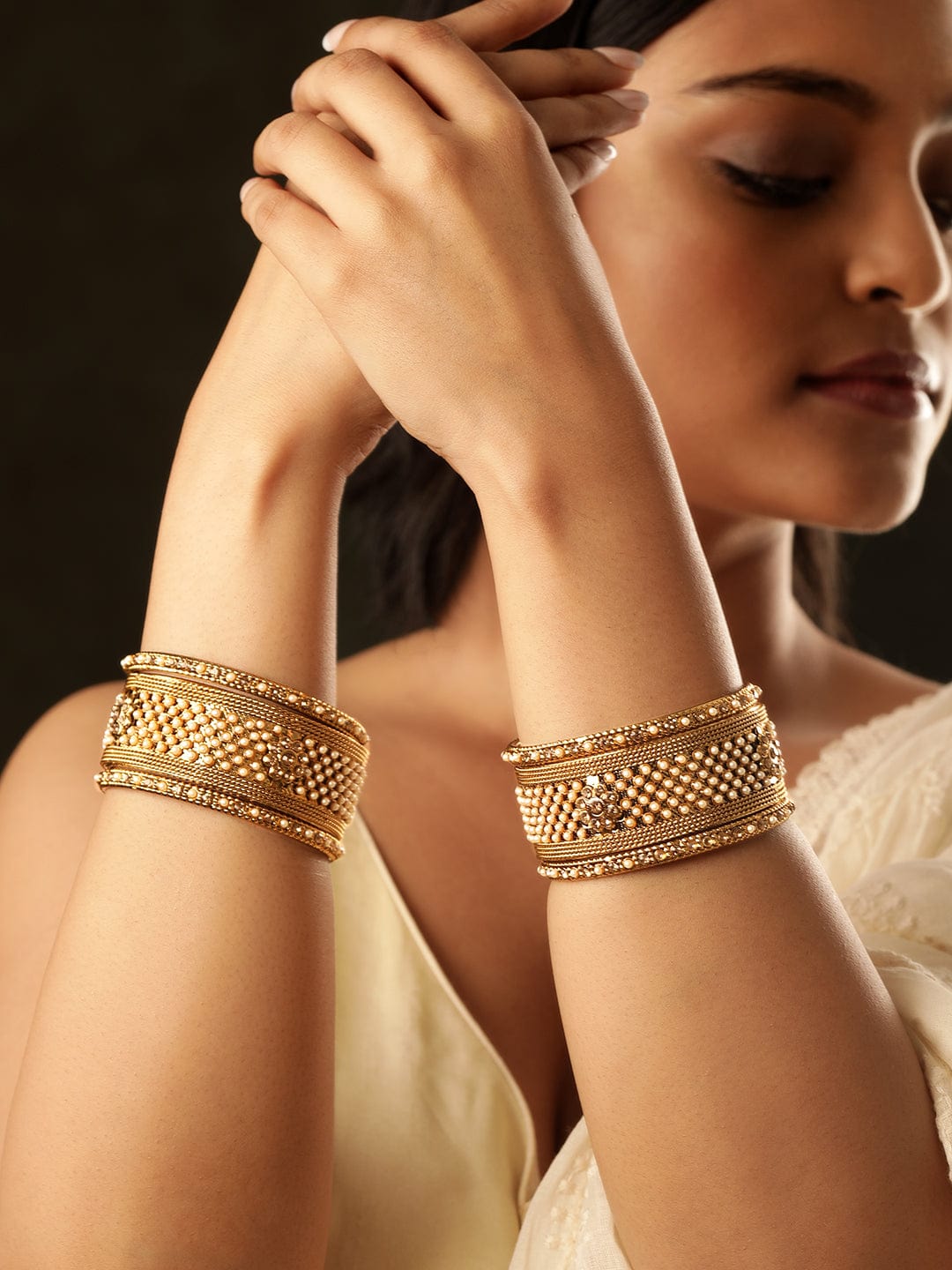 Rubans Set of 6 Gold Plated Pearl & Stone Studded Traditional Handcrafted Bangles 2.6 - Medium