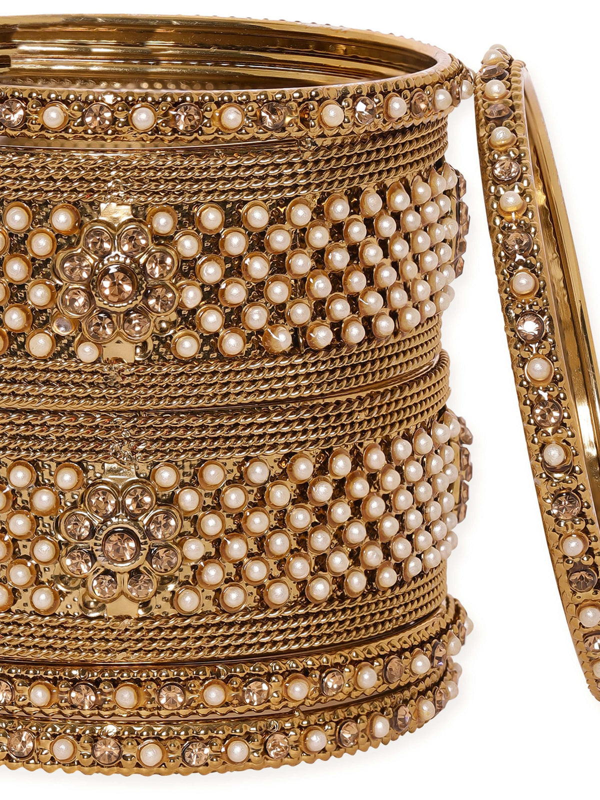 Rubans Set of 6 Gold Plated Pearl & Stone Studded Traditional Handcrafted Bangles 2.4 - Small
