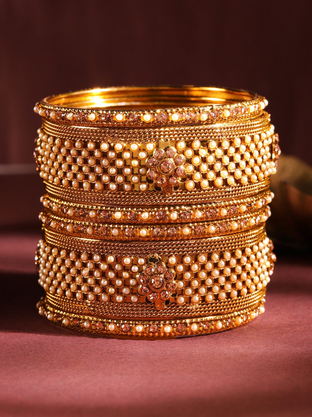 Rubans Set of 6 Gold Plated Pearl & Stone Studded Traditional Handcrafted Bangles 2.10 - Extra Large