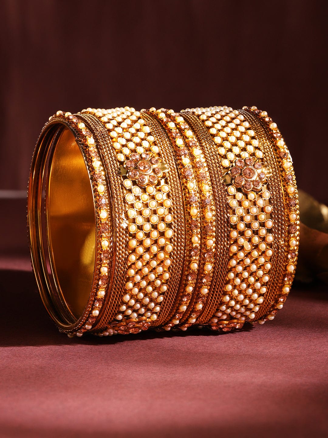 Rubans Set of 6 Gold Plated Pearl & Stone Studded Traditional Handcrafted Bangles 2.4 - Small