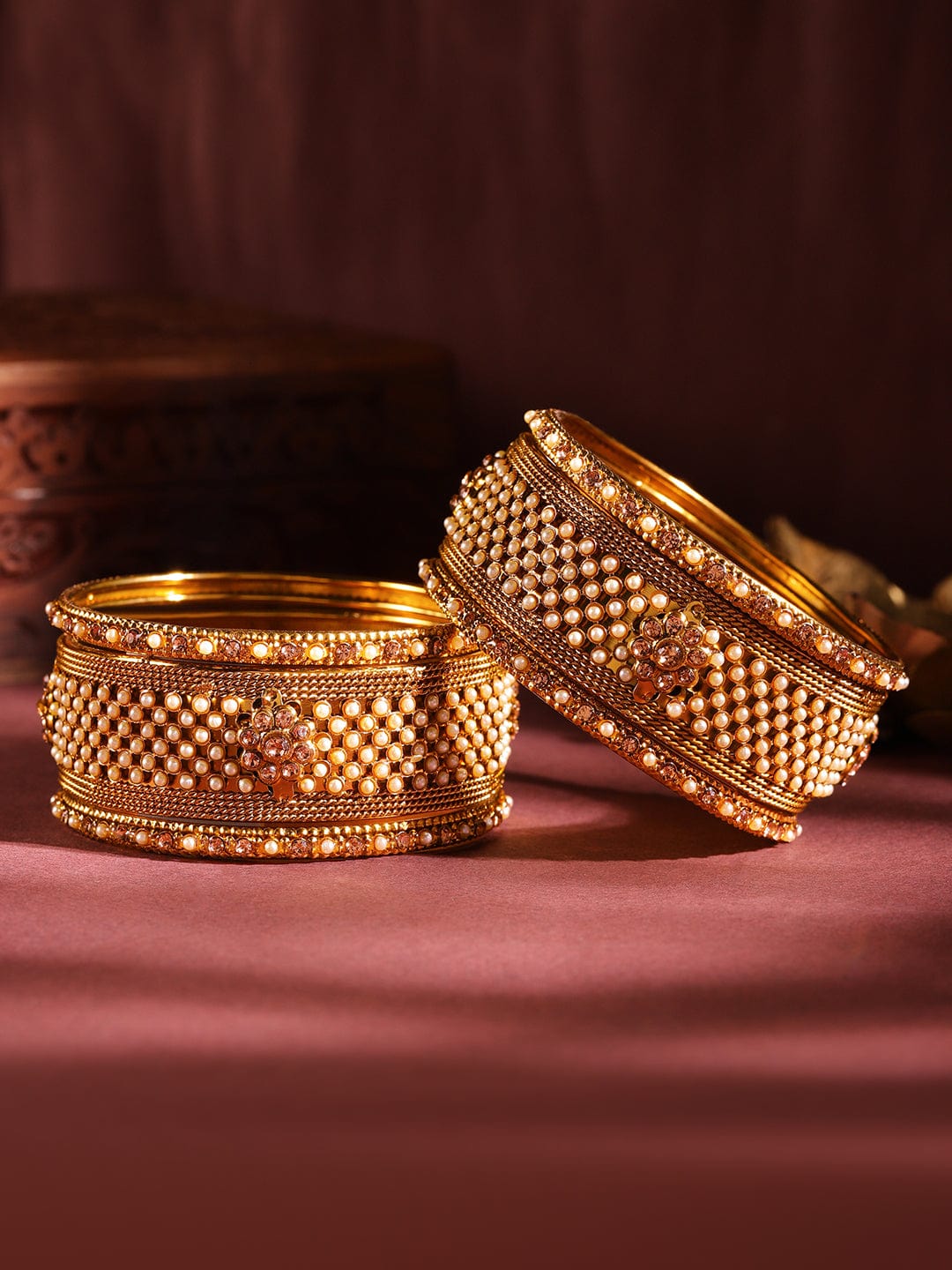 Rubans Set of 6 Gold Plated Pearl & Stone Studded Traditional Handcrafted Bangles 2.6 - Medium