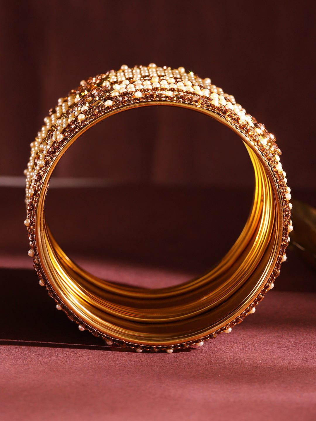Rubans Set of 6 Gold Plated Pearl & Stone Studded Traditional Handcrafted Bangles 2.4 - Small