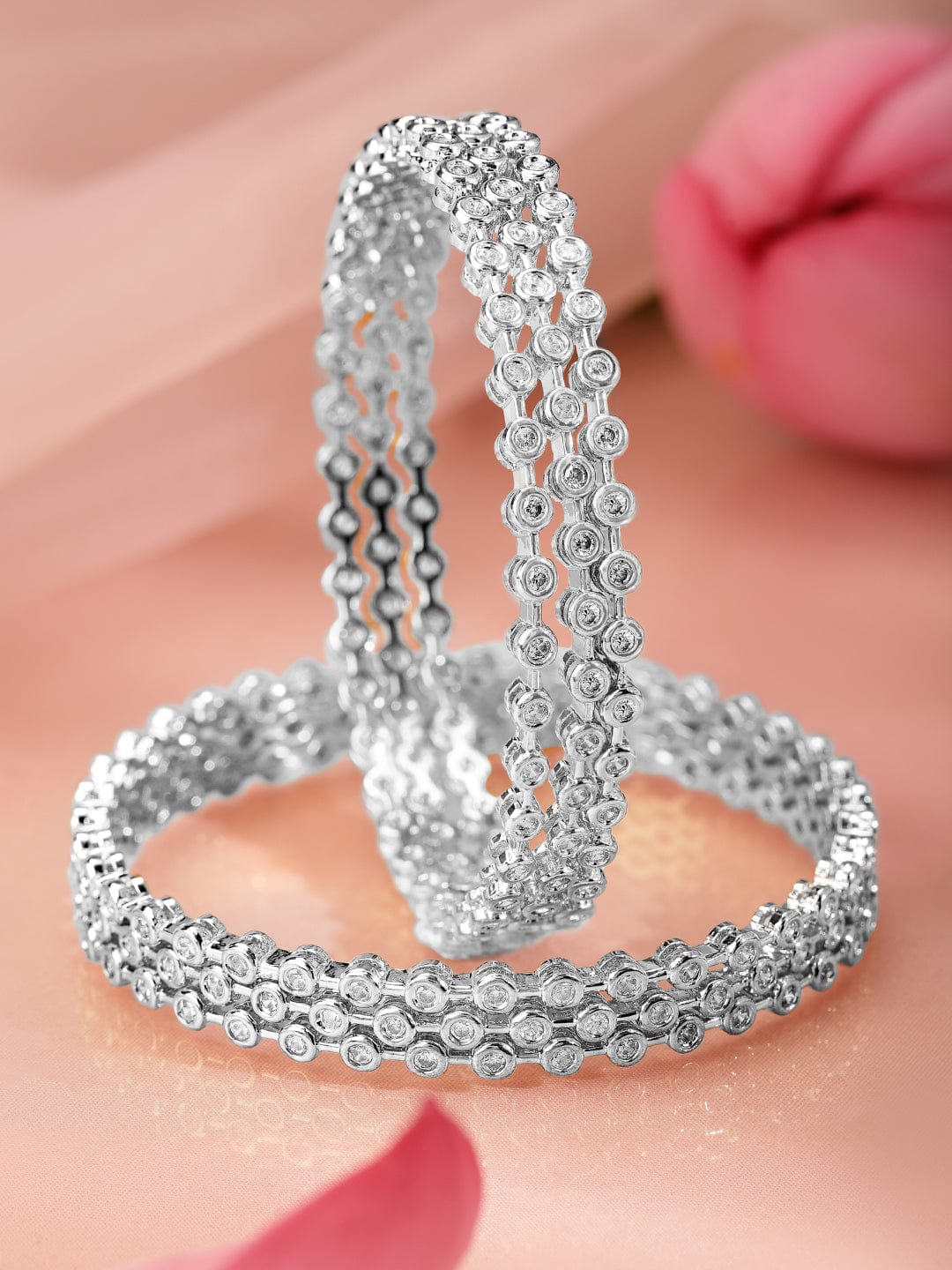 Rubans Set Of 6 Rhodium-Plated Cubic Zirconia Studded Classics Bangles in Silver Tone for Women 2.6 - Medium