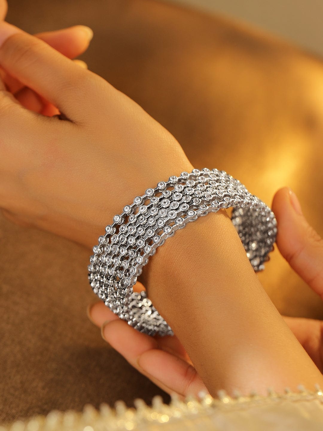 Rubans Set Of 6 Rhodium-Plated Cubic Zirconia Studded Classics Bangles in Silver Tone for Women 2.8 - Large