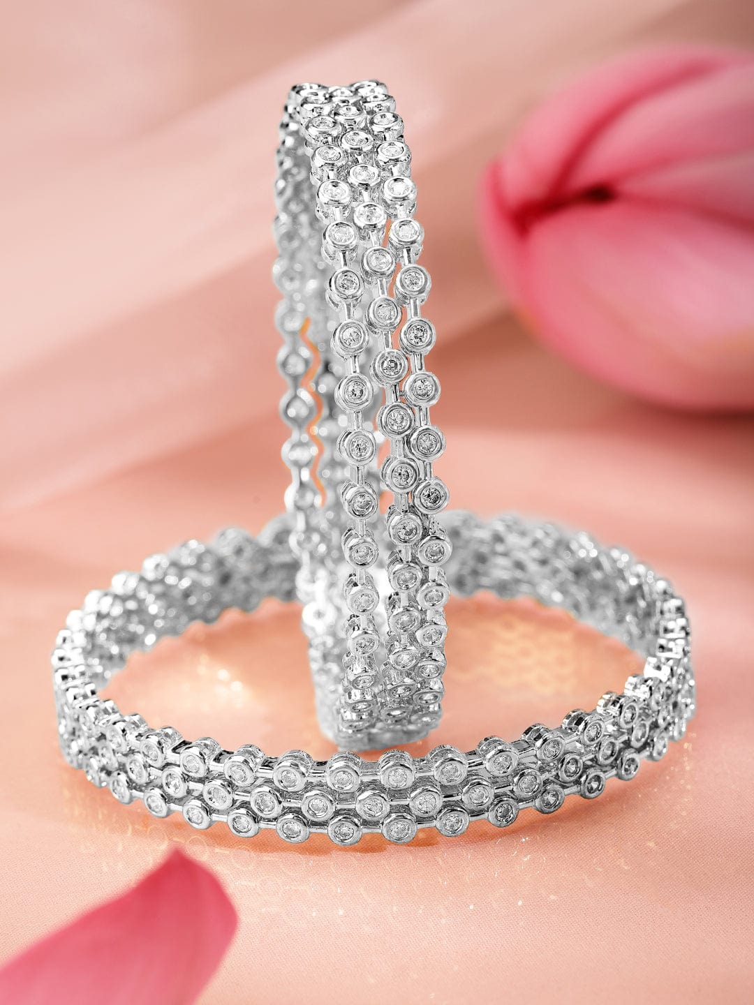Rubans Set Of 6 Rhodium-Plated Cubic Zirconia Studded Classics Bangles in Silver Tone for Women 2.8 - Large
