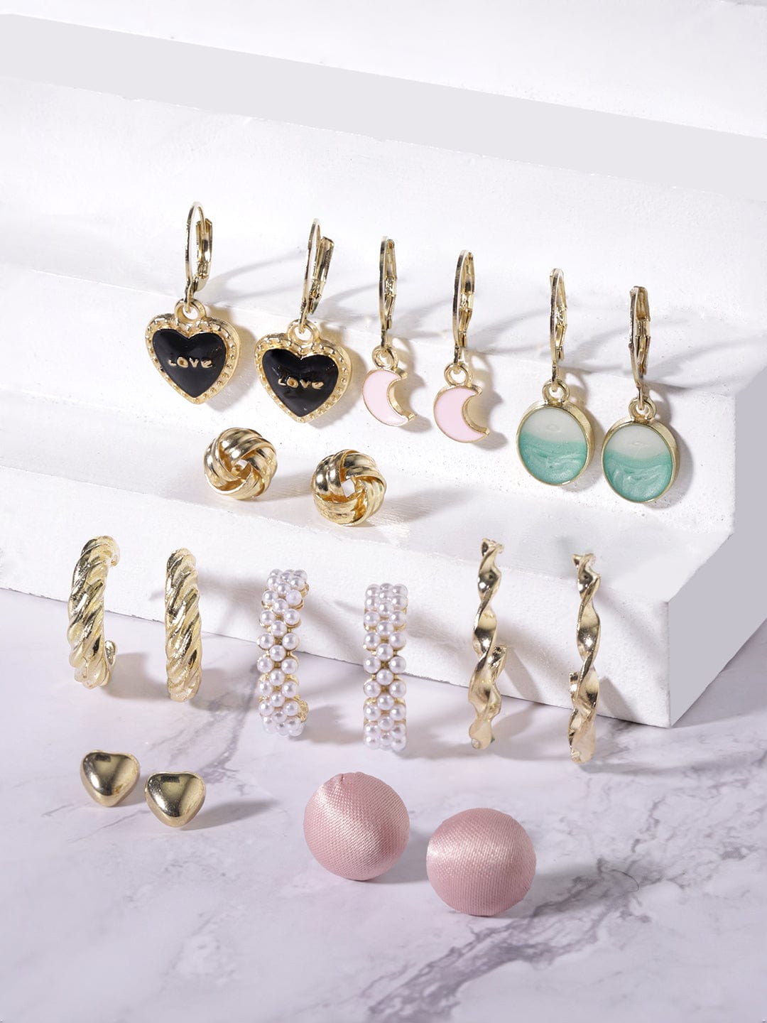【Rubans】 Set of 9 Gold Tone Enamel Detailed Pearl Beaded Earrings｜ゴールドトーン エナメル＆パールビーズ イヤリング 9組セット