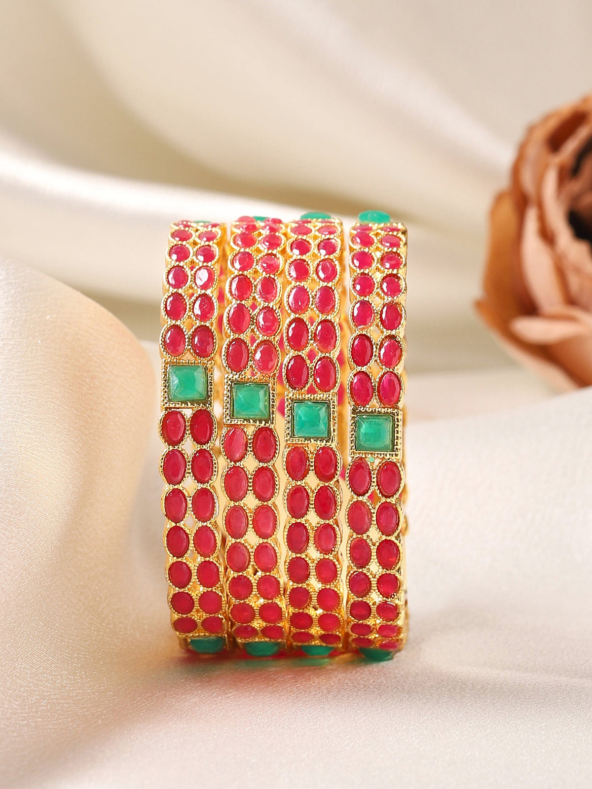 【Rubans】 Set of Two 22K Gold-Plated Pink & Green Stone-Studded Handcrafted Bangles｜22K ゴールドメッキ ピンク＆グリーンストーン バングル 2本セット｜2.6 - Medium
