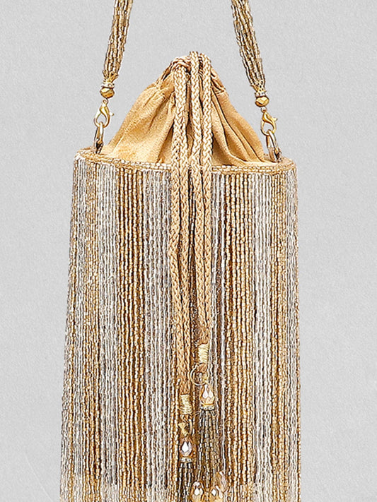 Rubans Silver Brown Beaded Fringe Potli Bag Brown