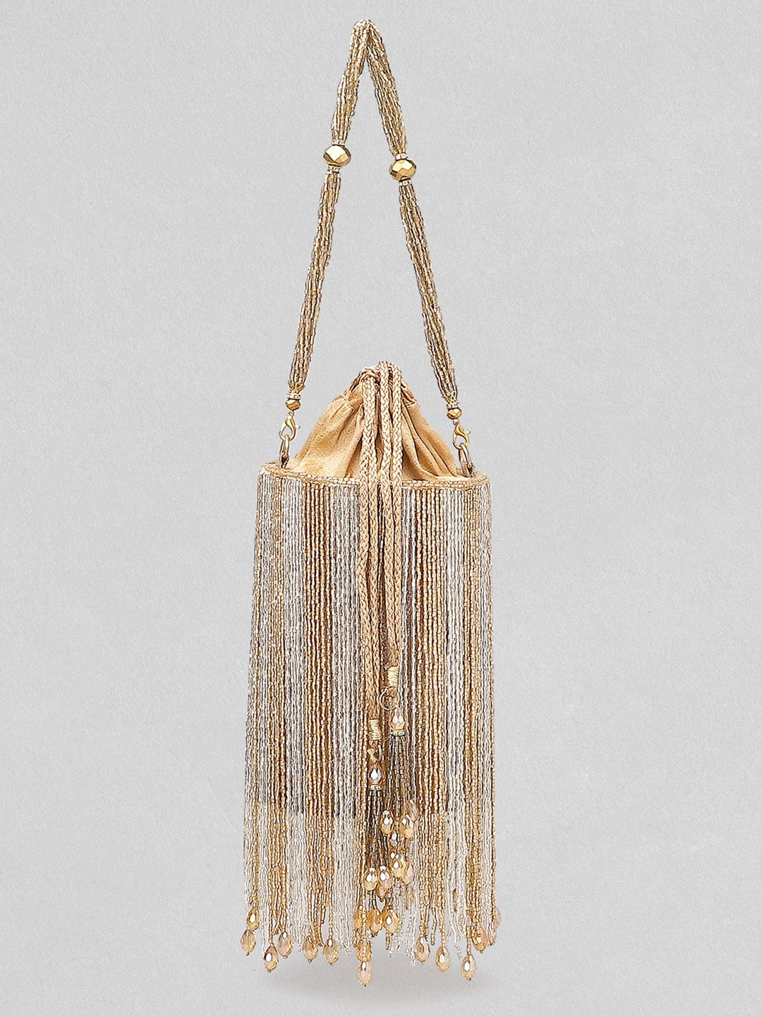 Rubans Silver Brown Beaded Fringe Potli Bag Brown