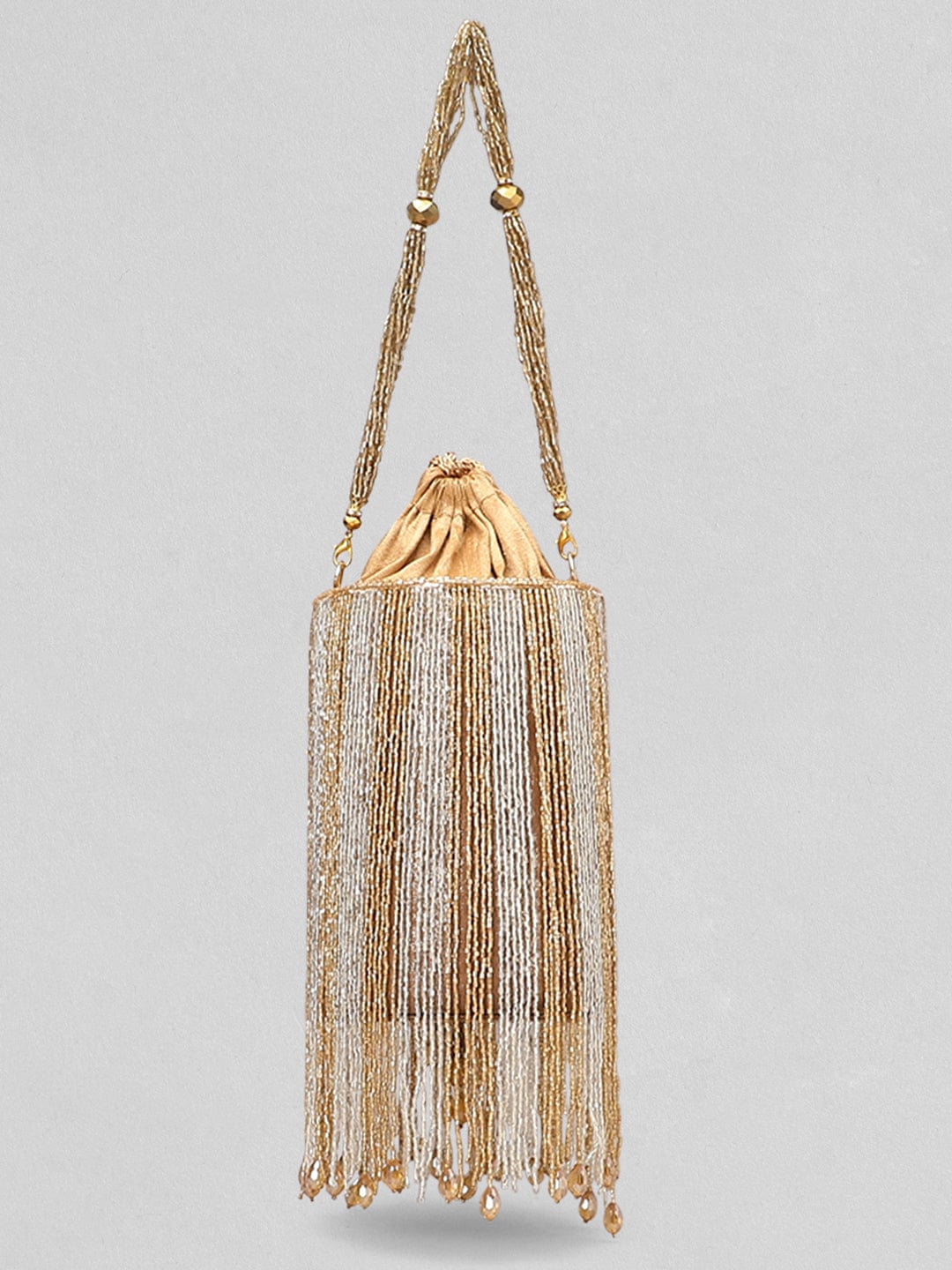 Rubans Silver Brown Beaded Fringe Potli Bag Brown