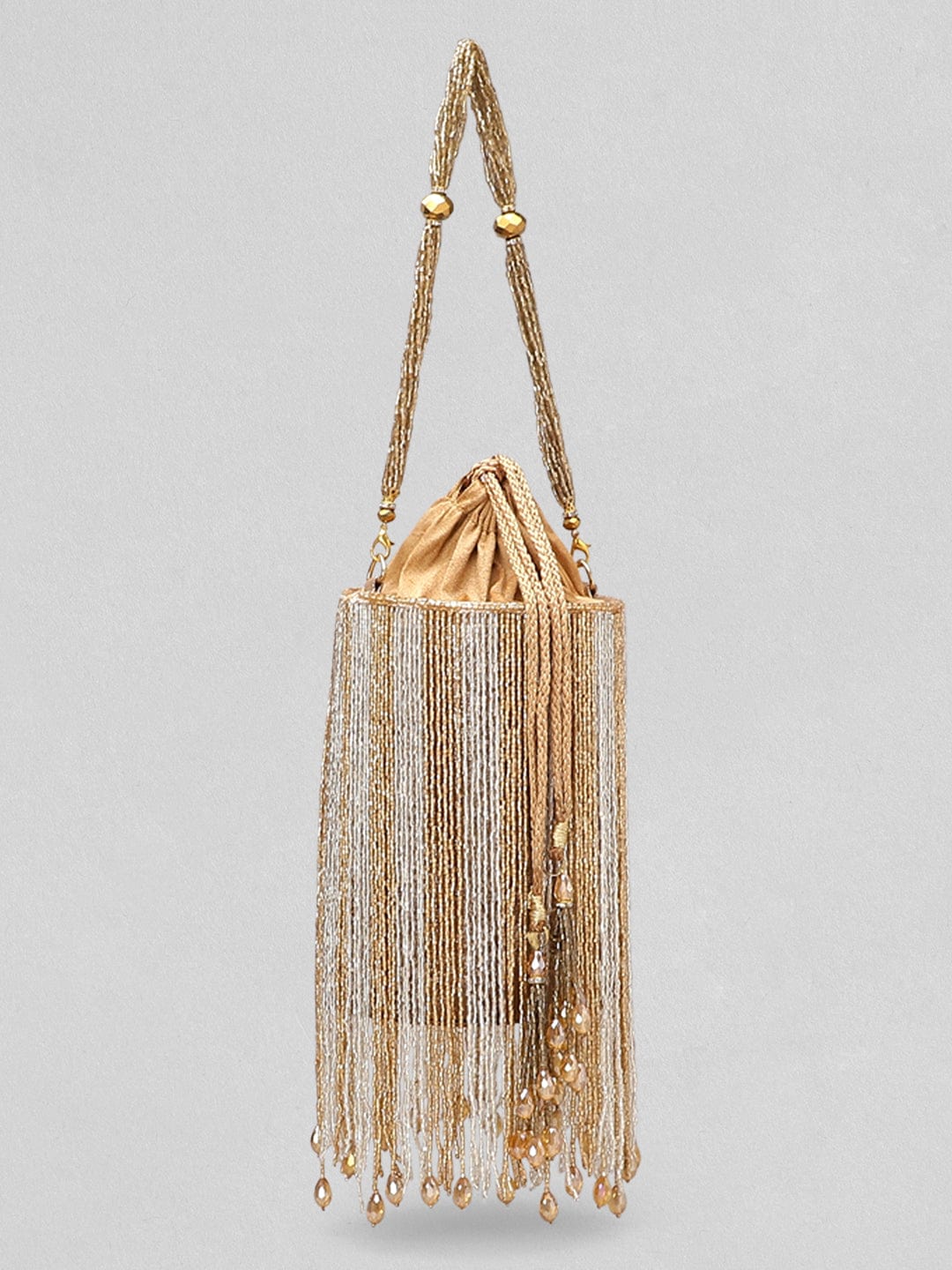 Rubans Silver Brown Beaded Fringe Potli Bag Brown