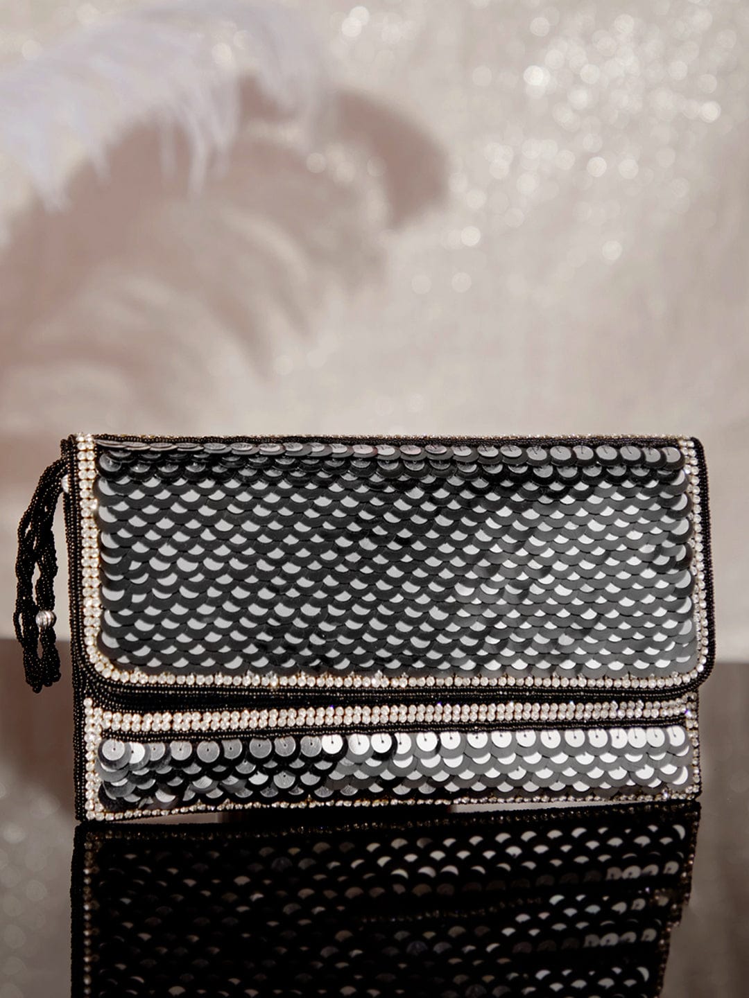 Rubans Silver Colour Clutch With Black Embroided Design. Silver
