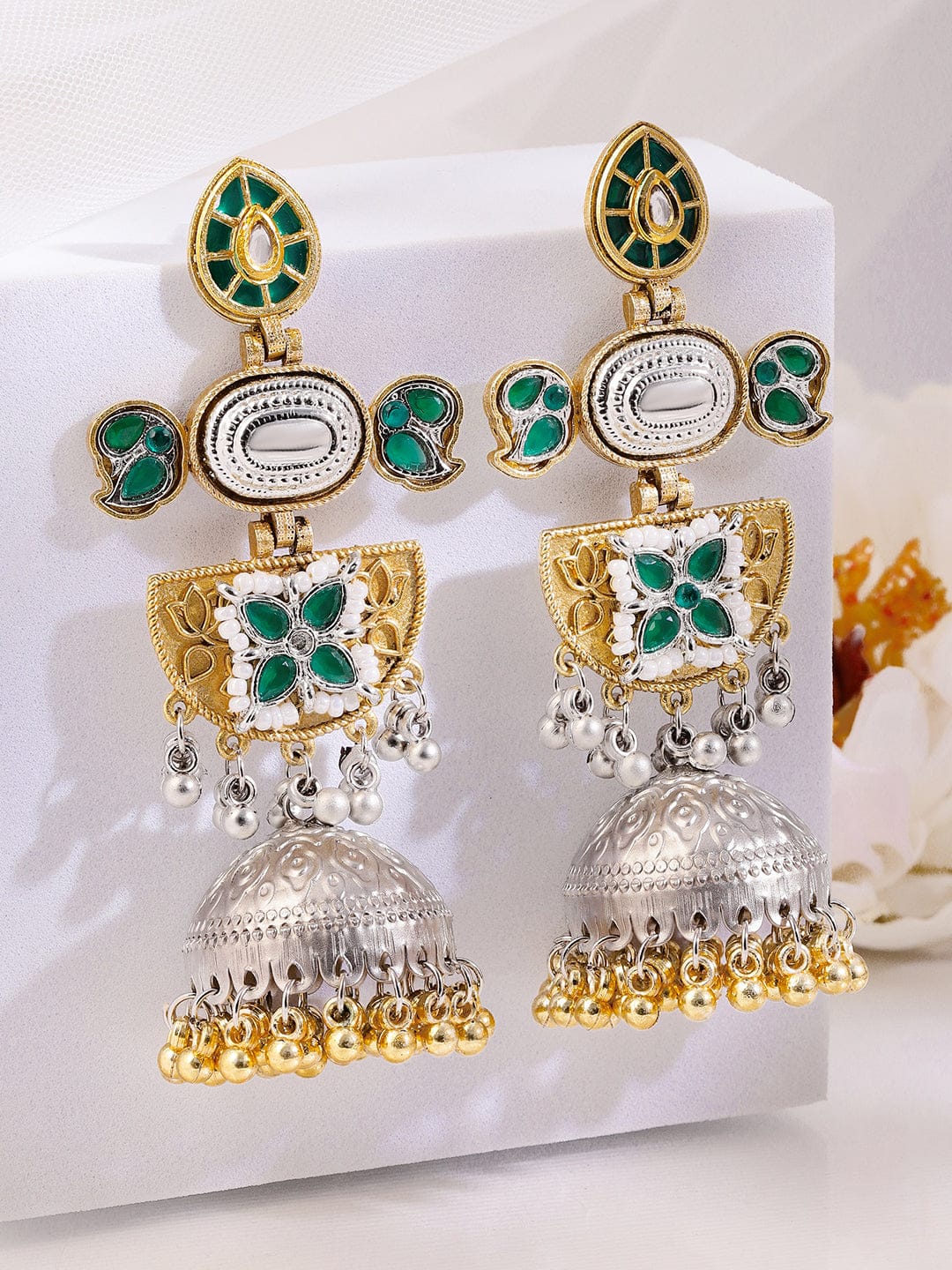 Green Radiance Silver-Gold Oxidised Jhumka フリーサイズ