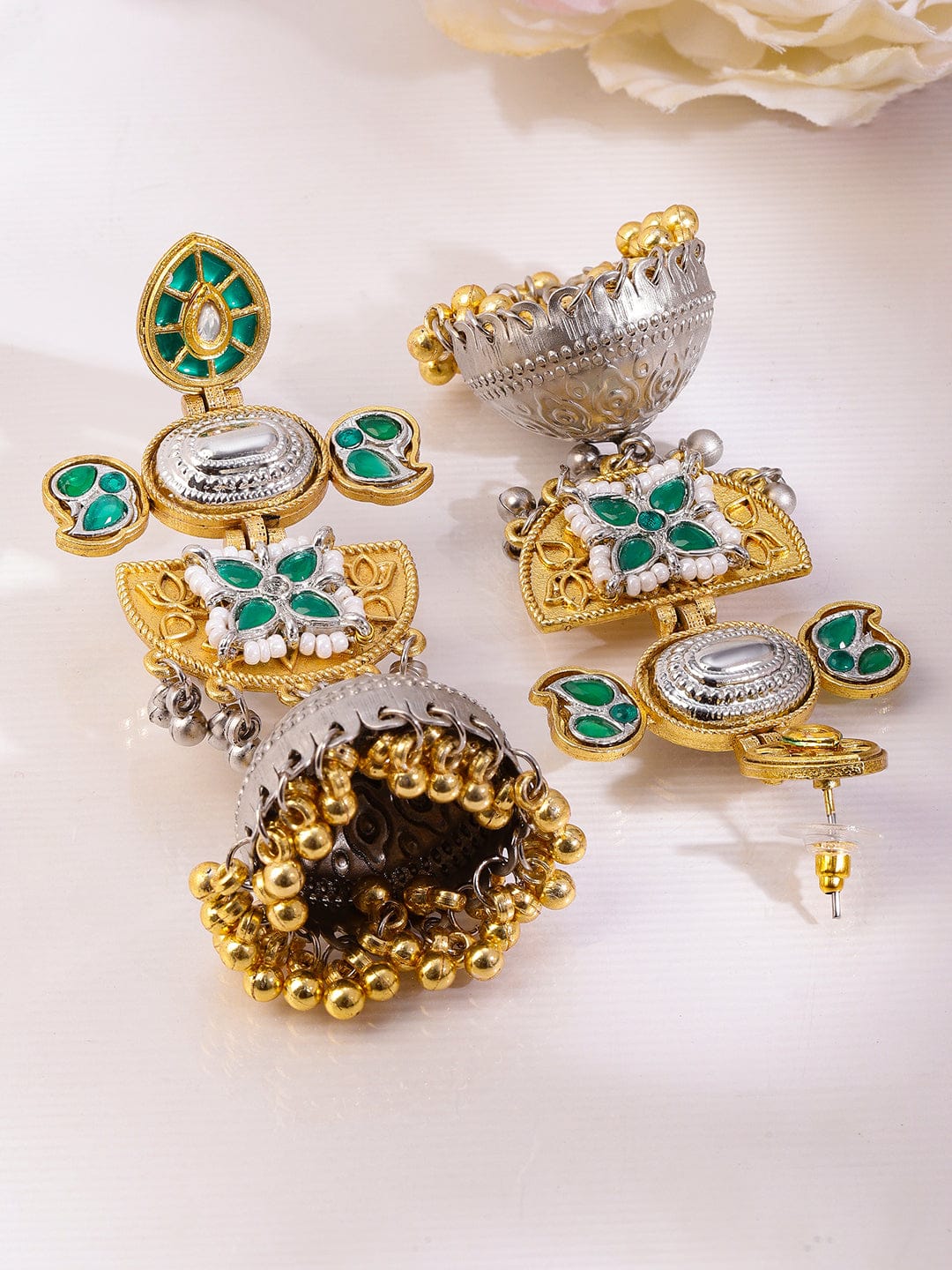 Green Radiance Silver-Gold Oxidised Jhumka フリーサイズ