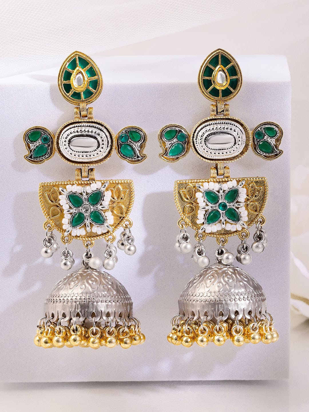 Green Radiance Silver-Gold Oxidised Jhumka フリーサイズ