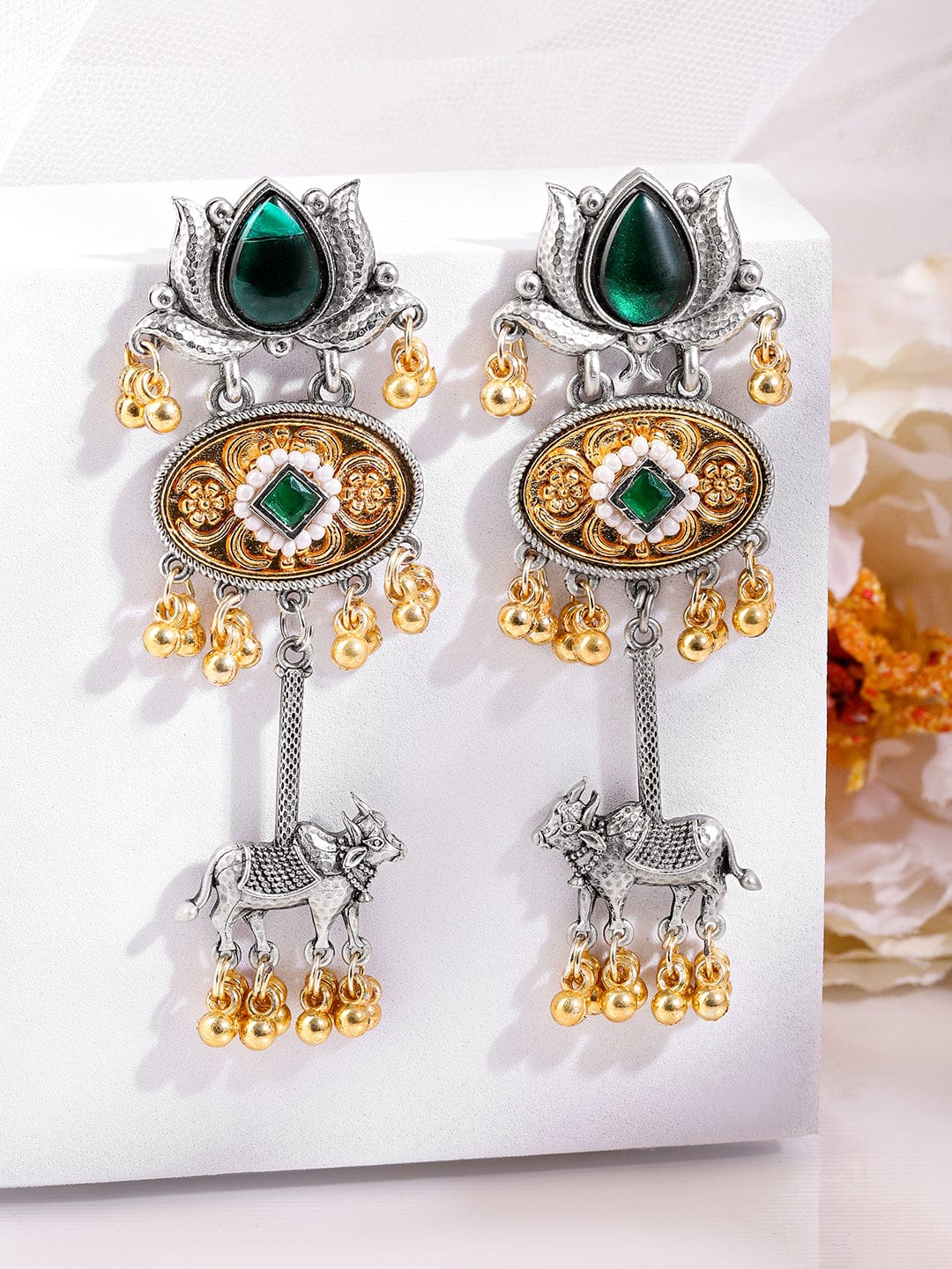 Emerald Lotus Blessing Oxidised Earrings フリーサイズ
