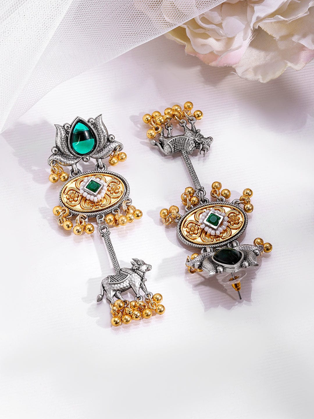 Emerald Lotus Blessing Oxidised Earrings フリーサイズ