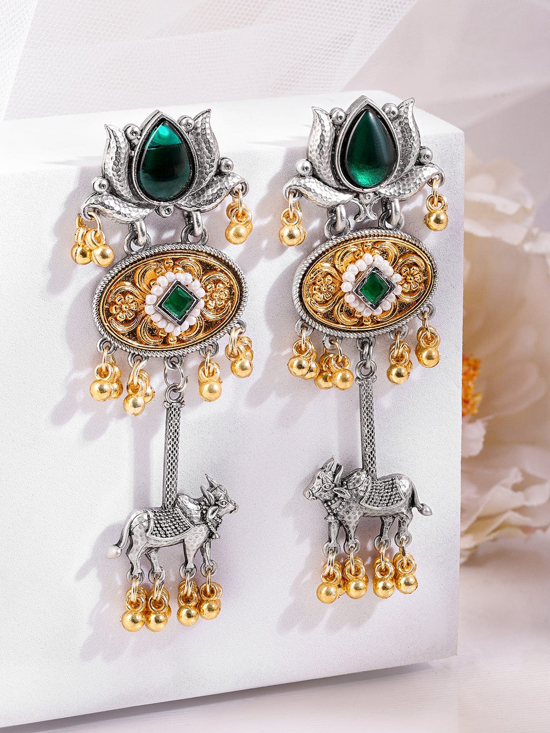 Emerald Lotus Blessing Oxidised Earrings フリーサイズ