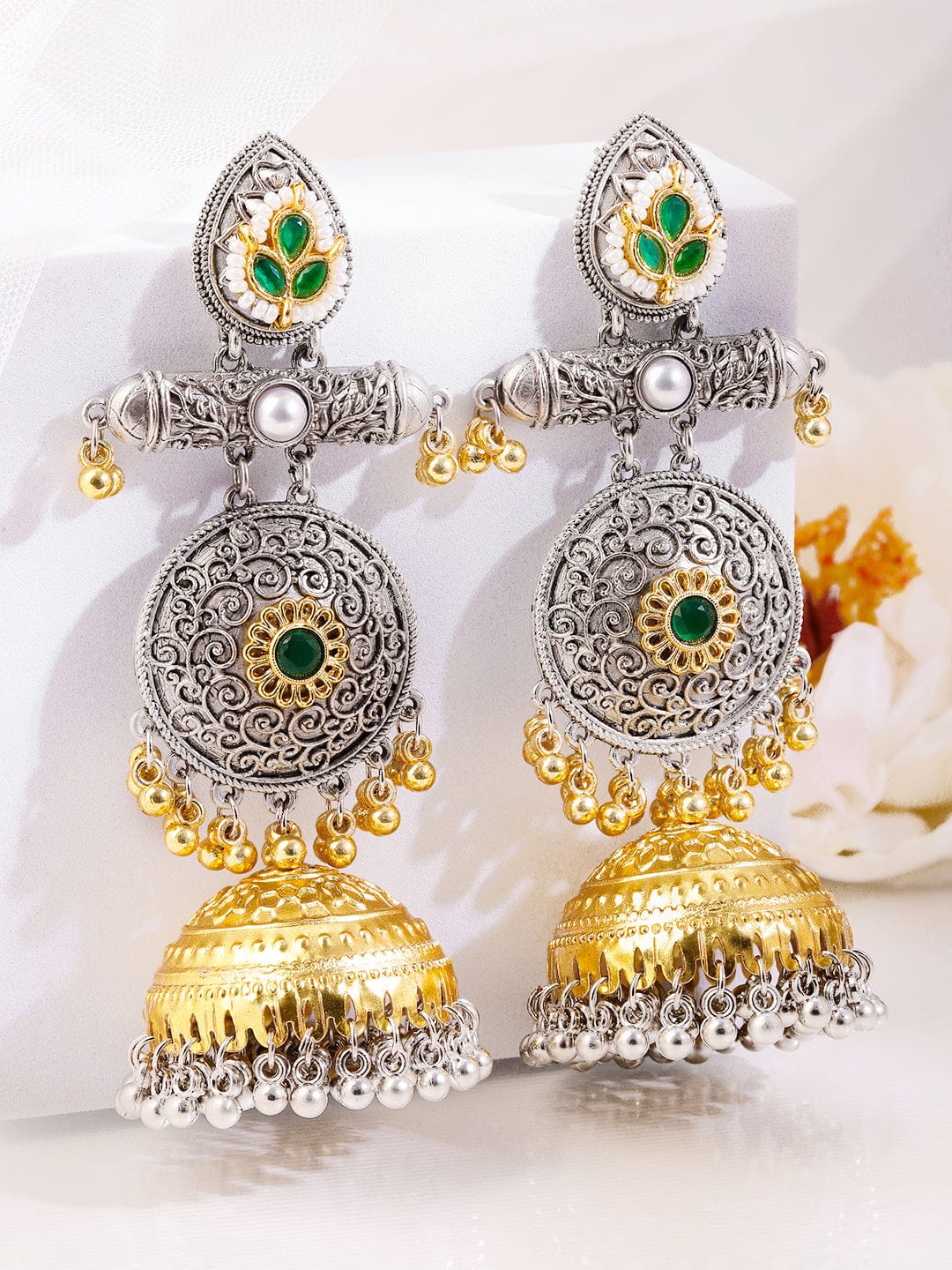 Emerald Glory Oxidised Jhumka Earrings フリーサイズ