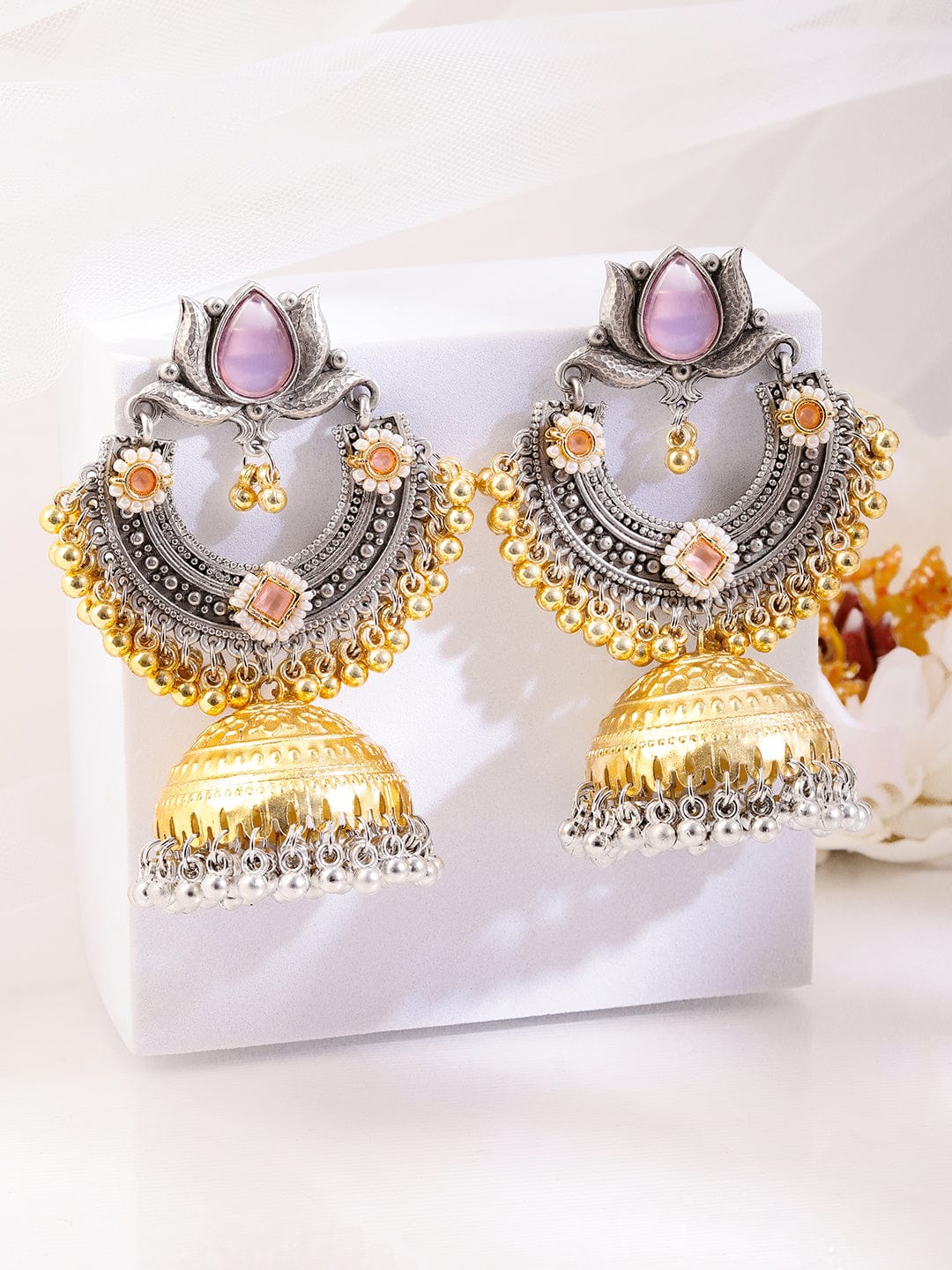 Pink Petal Charm Oxidised Jhumkas フリーサイズ